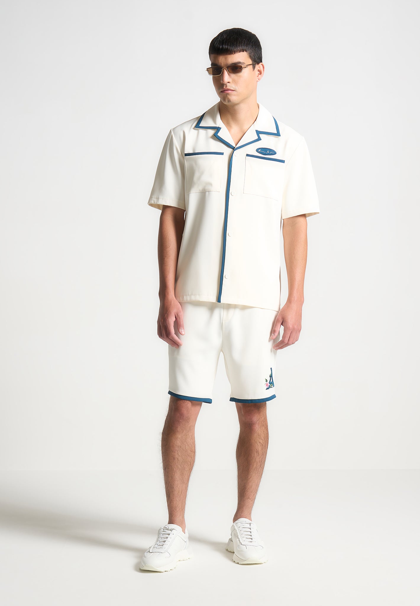 Velvet Eiffel Shorts with Elastic Waistband | Timo Cream/Blue