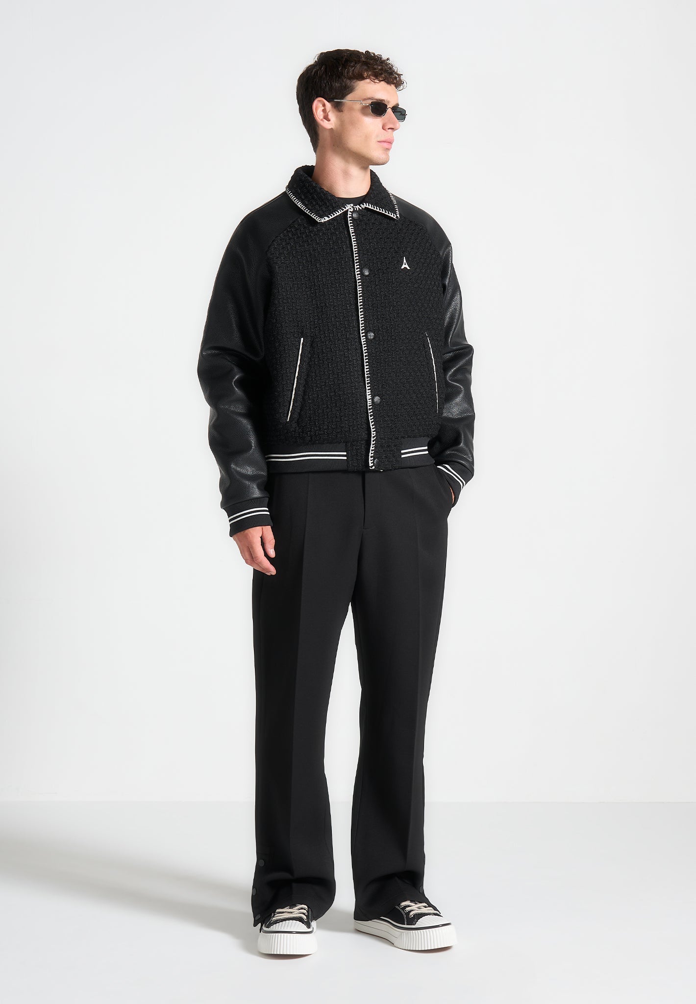Black Tweed & Vegan Leather Varsity Jacket | Manière De Voir