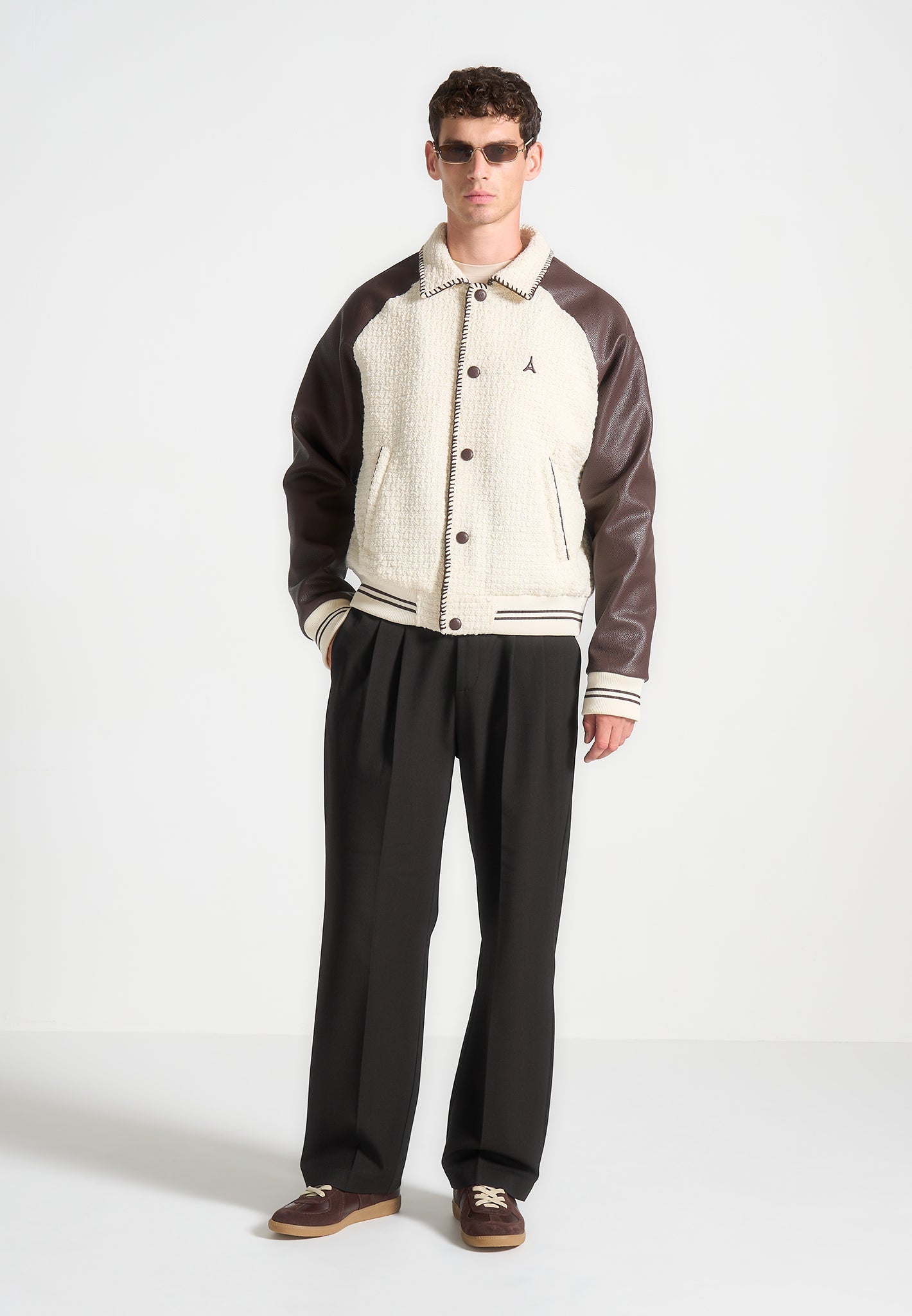 Tweed & Leather Varsity Jacket with Embroidered Branding | Manière De Voir