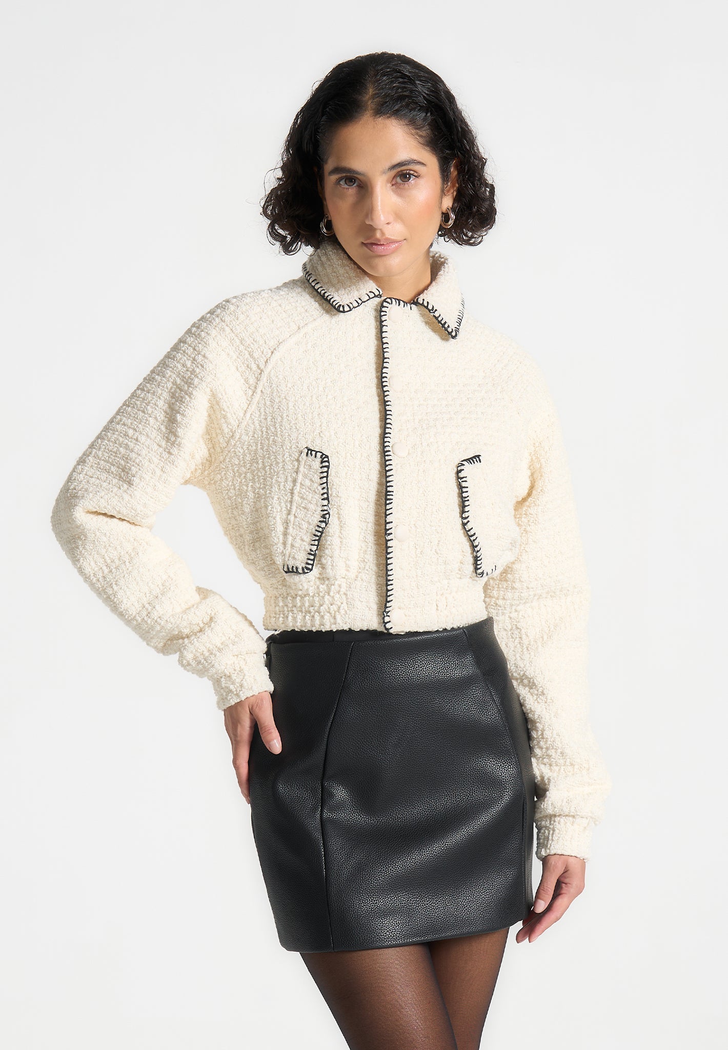 Cream Tweed Varsity Jacket with Whip Stitch & Ribbed Cuffs | Manière De Voir