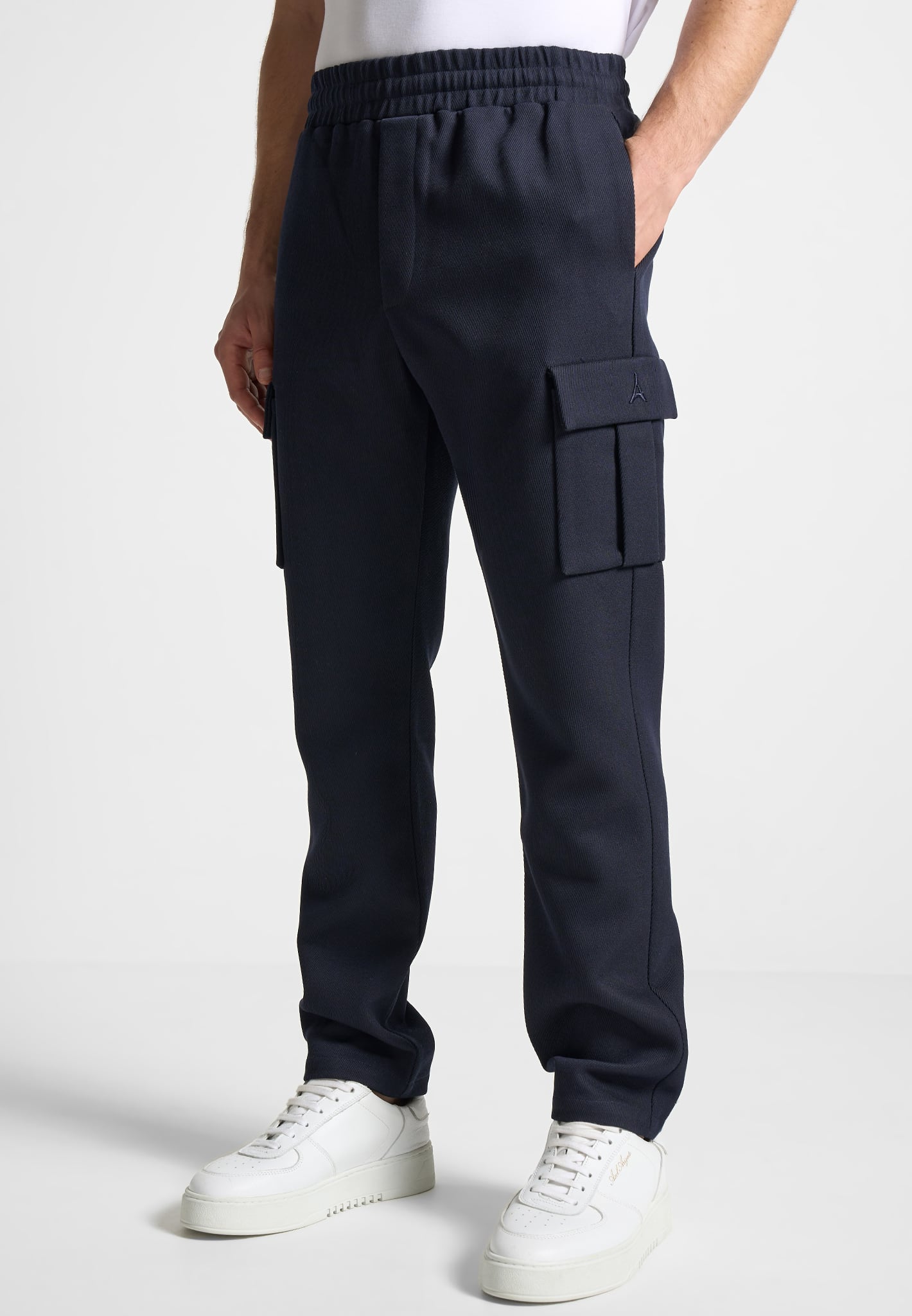 Men's Twill Cargo Pants with 3D Pockets & Elastic Waist | Regular Fit Navy