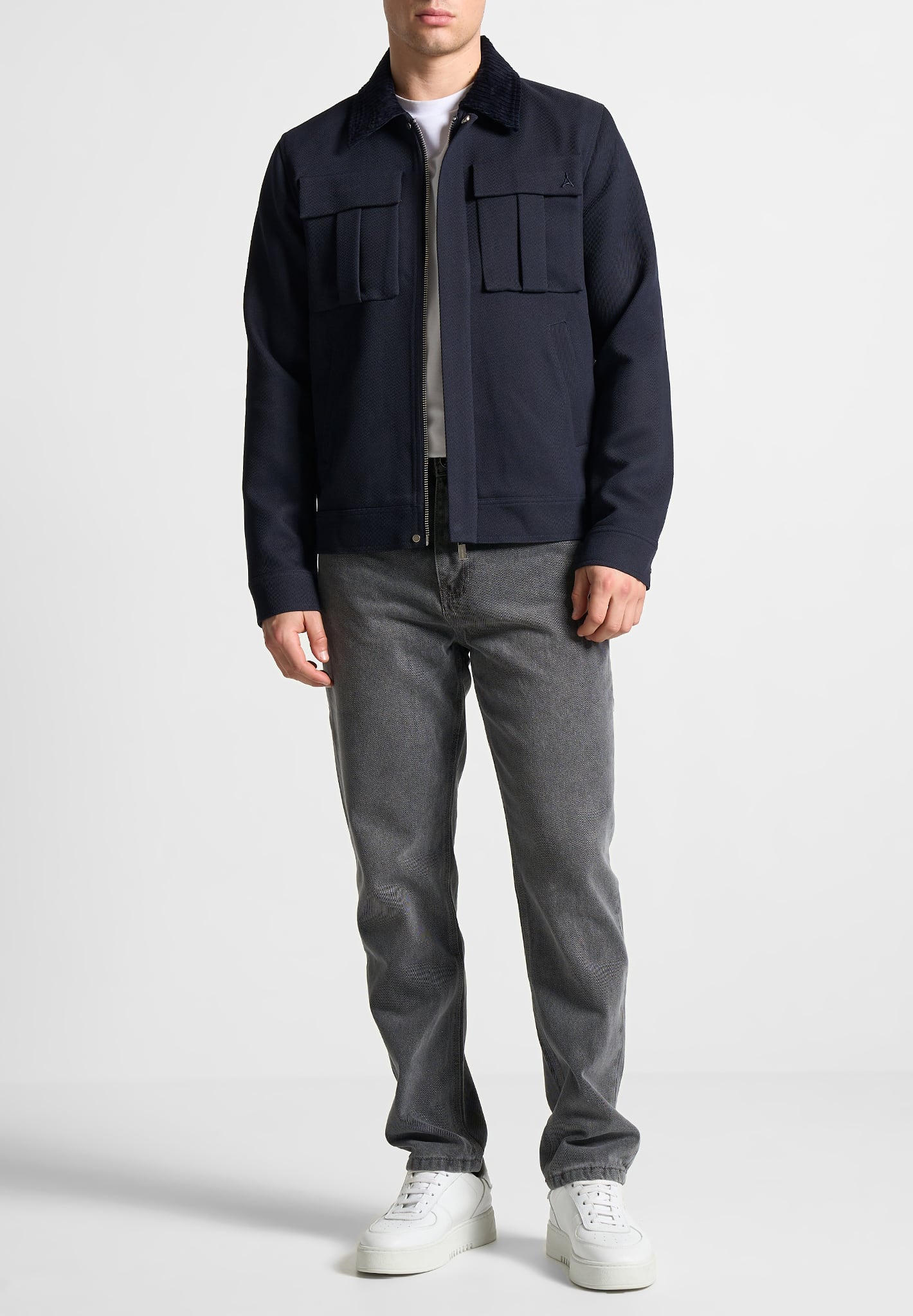 Twill Trucker Jacket with Velvet Collar for Men | Navy Cotton Canvas