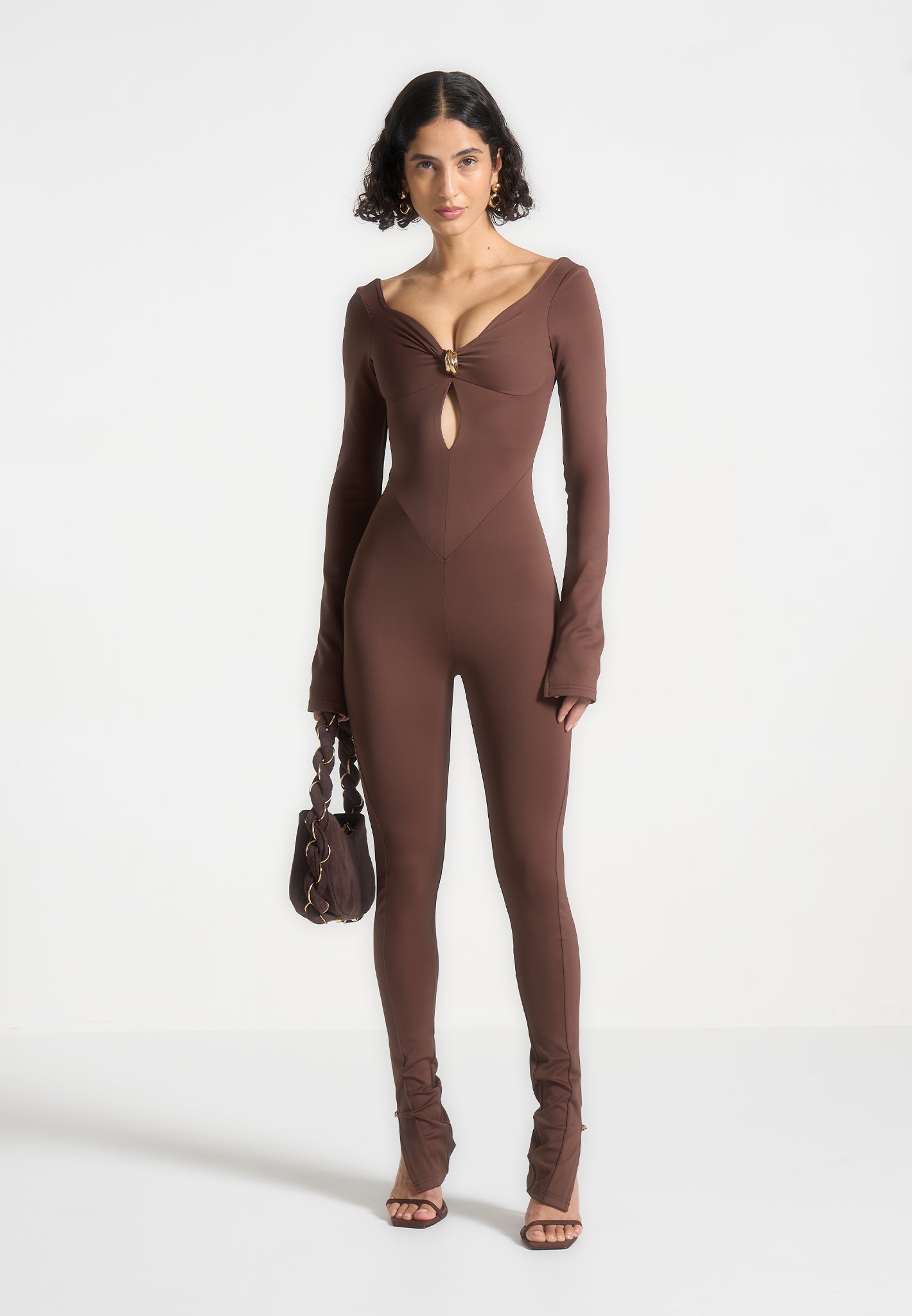 Off Shoulder Jumpsuit with Twist Neckline & Waist Contouring | Brown