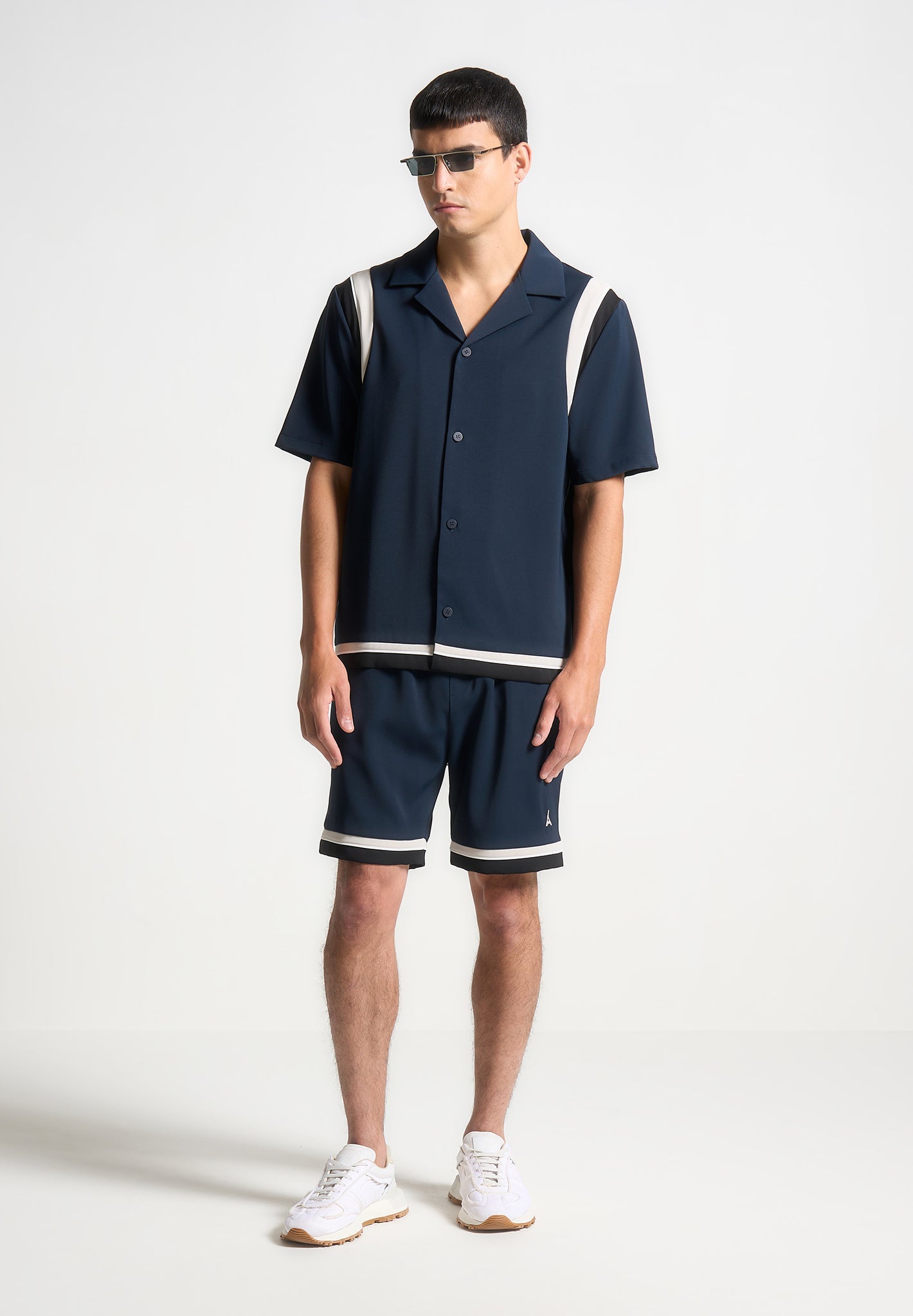 Varsity Revere Shirt with Contrast Shoulder Seam | Navy Short Sleeve