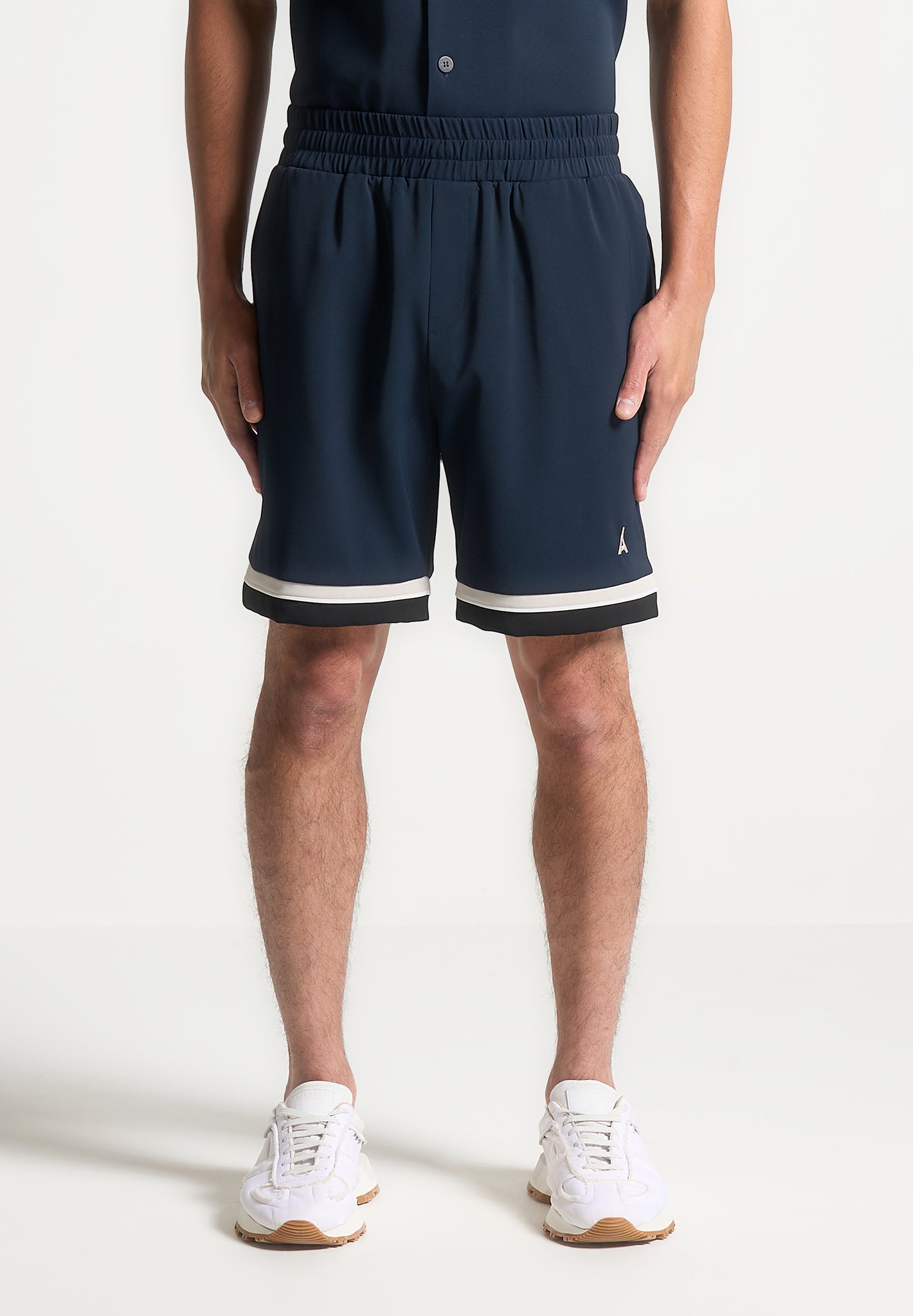 Men's Navy Varsity Shorts with Elastic Waistband & Drawcord | Manière De Voir
