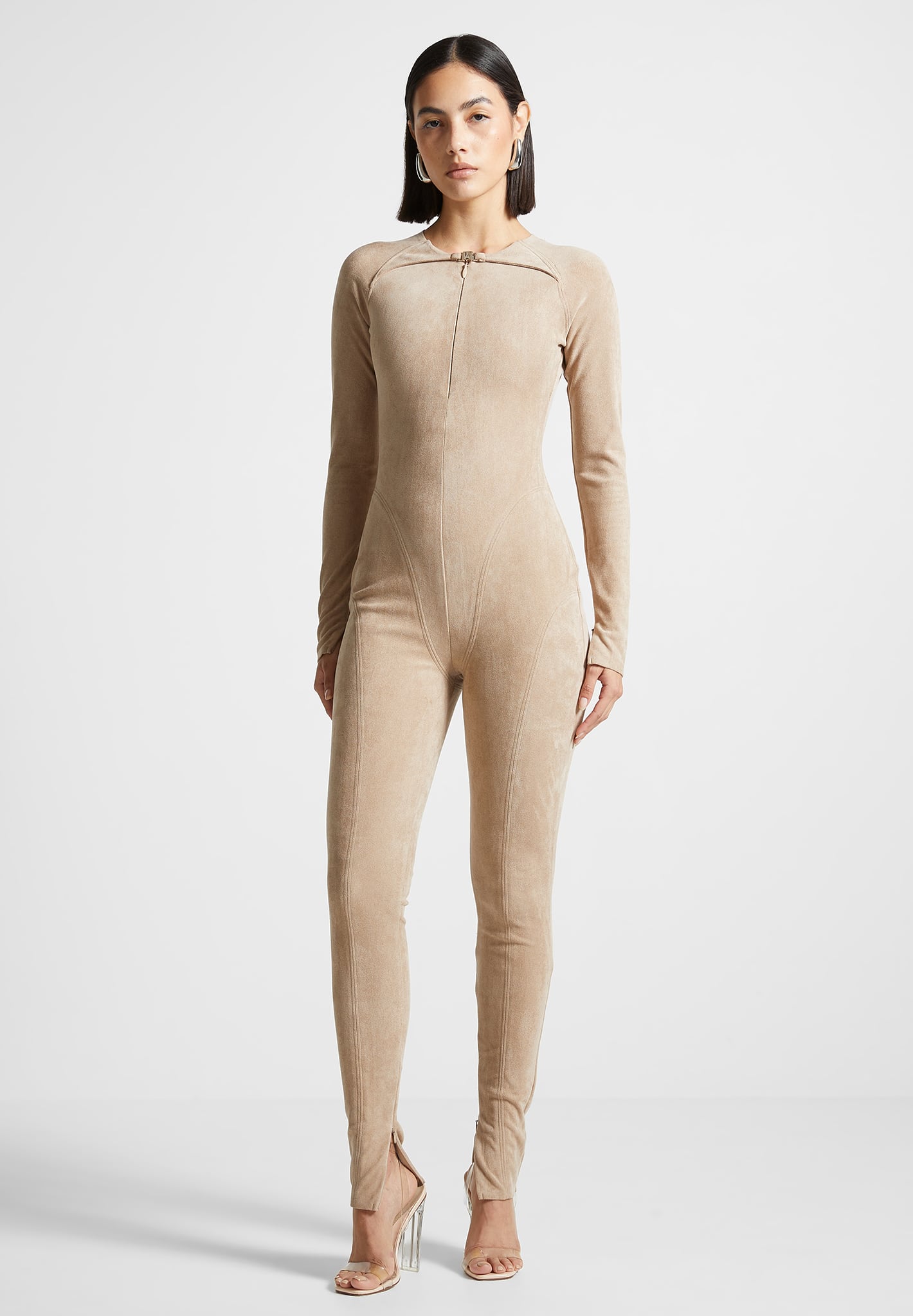 Vegan Suede Jumpsuit with Contour Detailing & Quarter Zip | Beige