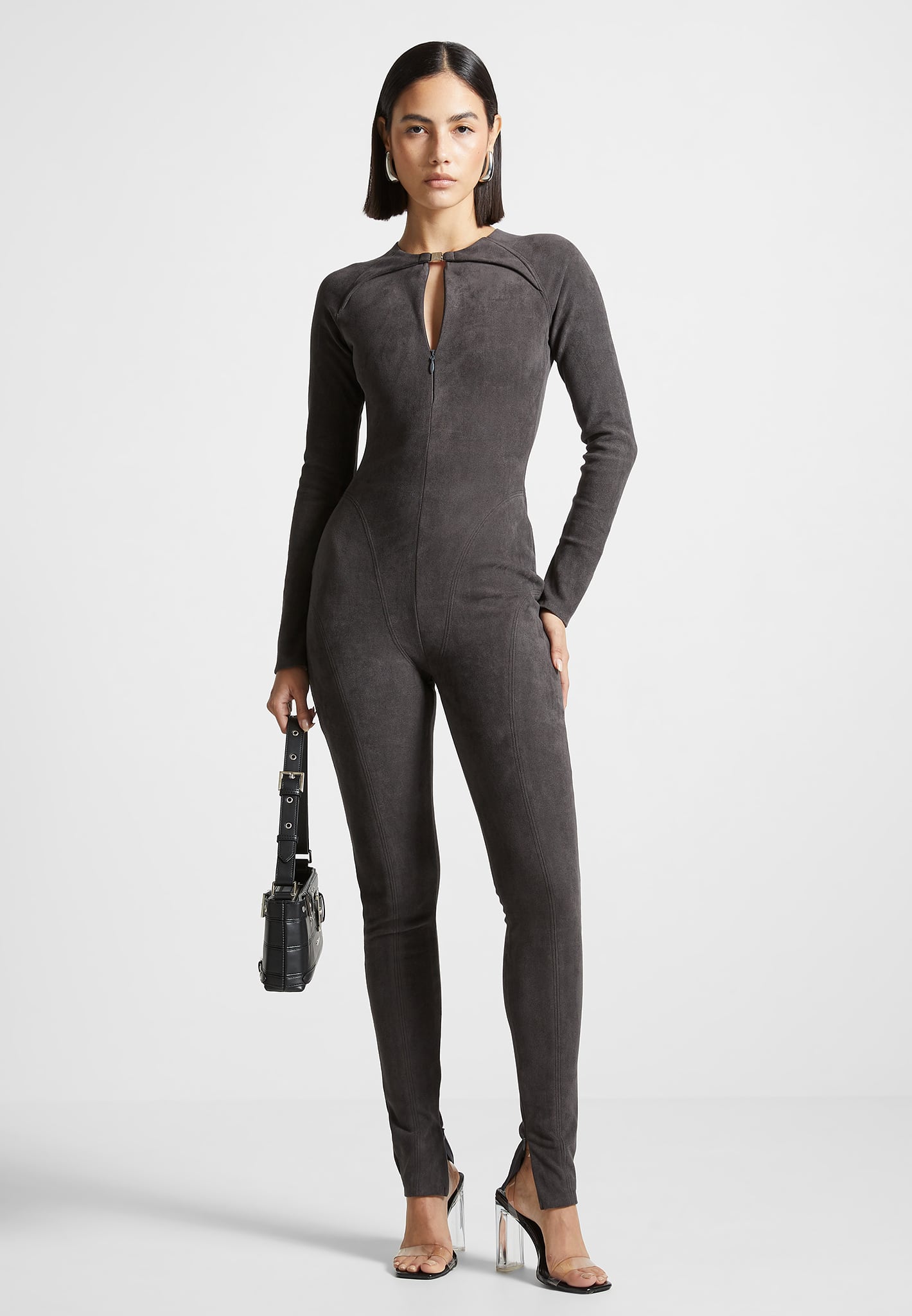 Vegan Suede Jumpsuit with Contour Detailing & Quarter Zip | Dark Grey