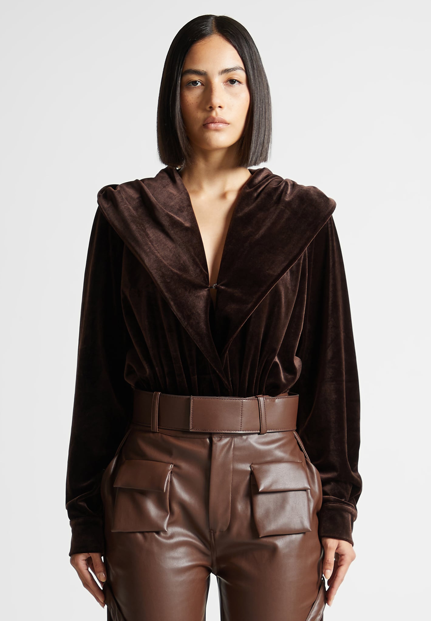 Luxury Velour Hooded Bodysuit with Plunge Neckline | Brown