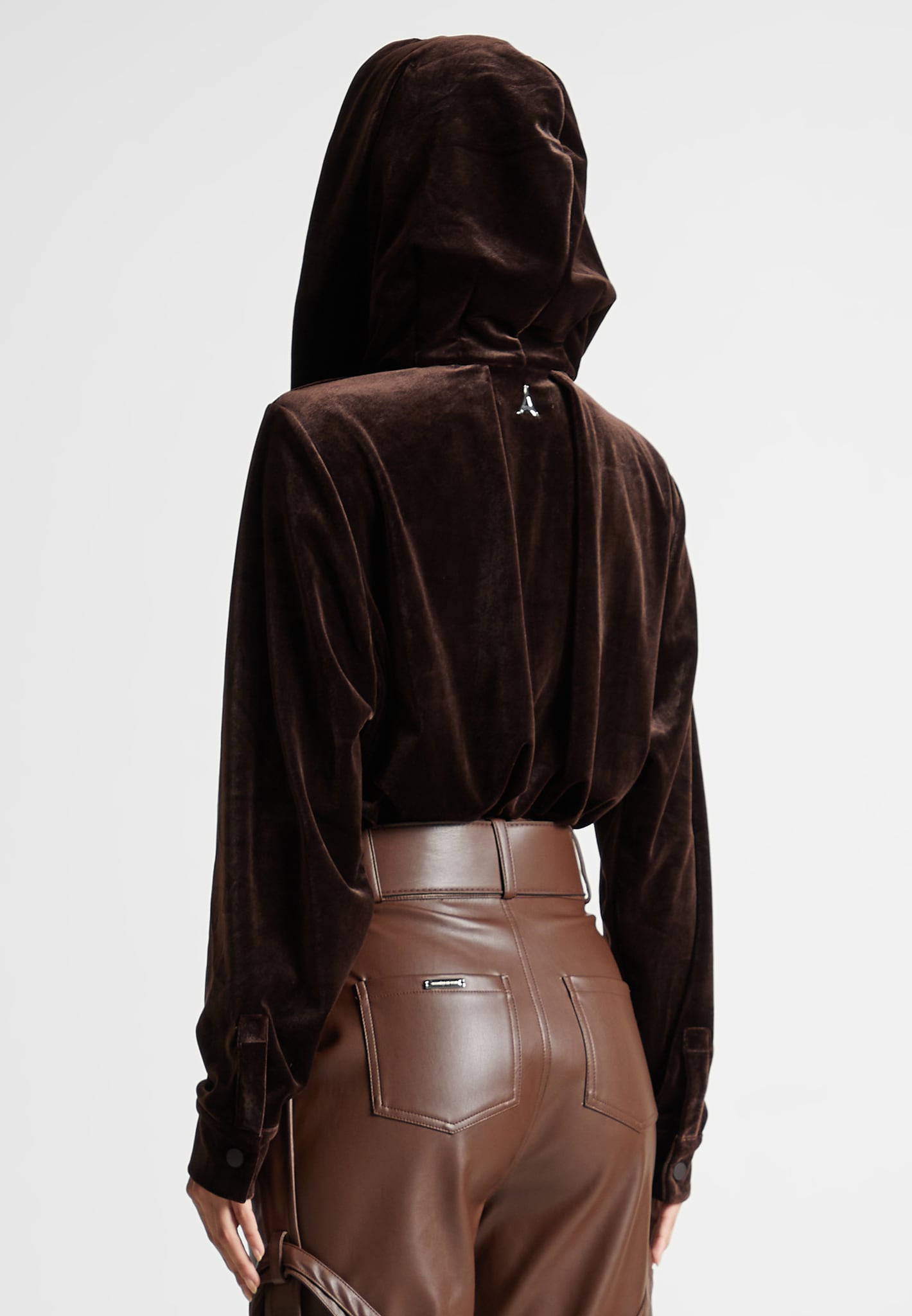 Luxury Velour Hooded Bodysuit with Plunge Neckline | Brown