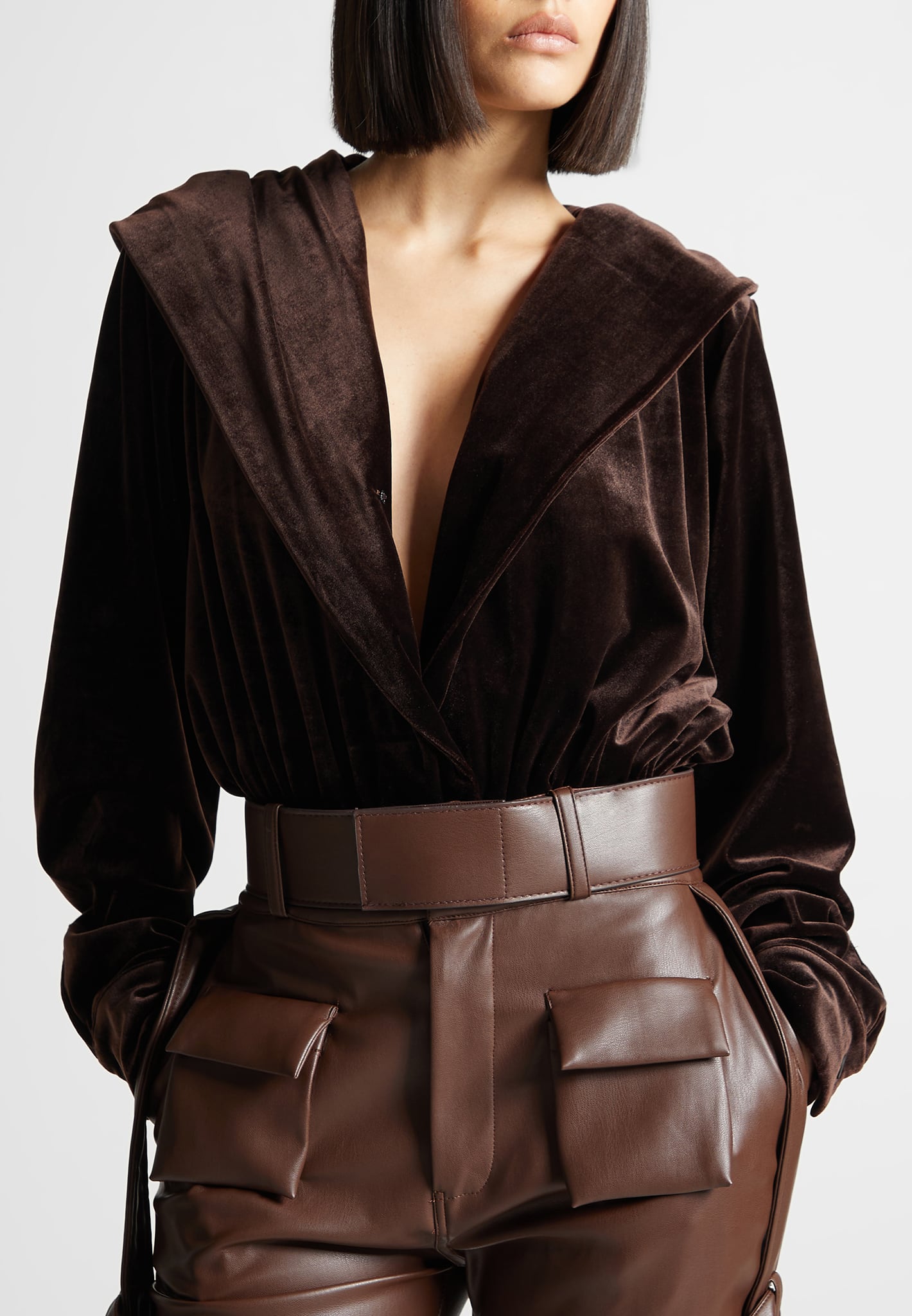 Luxury Velour Hooded Bodysuit with Plunge Neckline | Brown