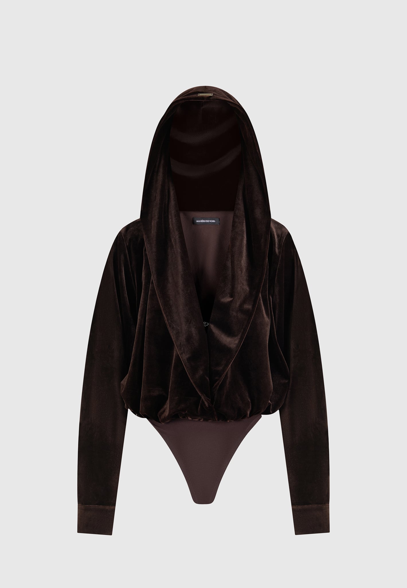 Luxury Velour Hooded Bodysuit with Plunge Neckline | Brown