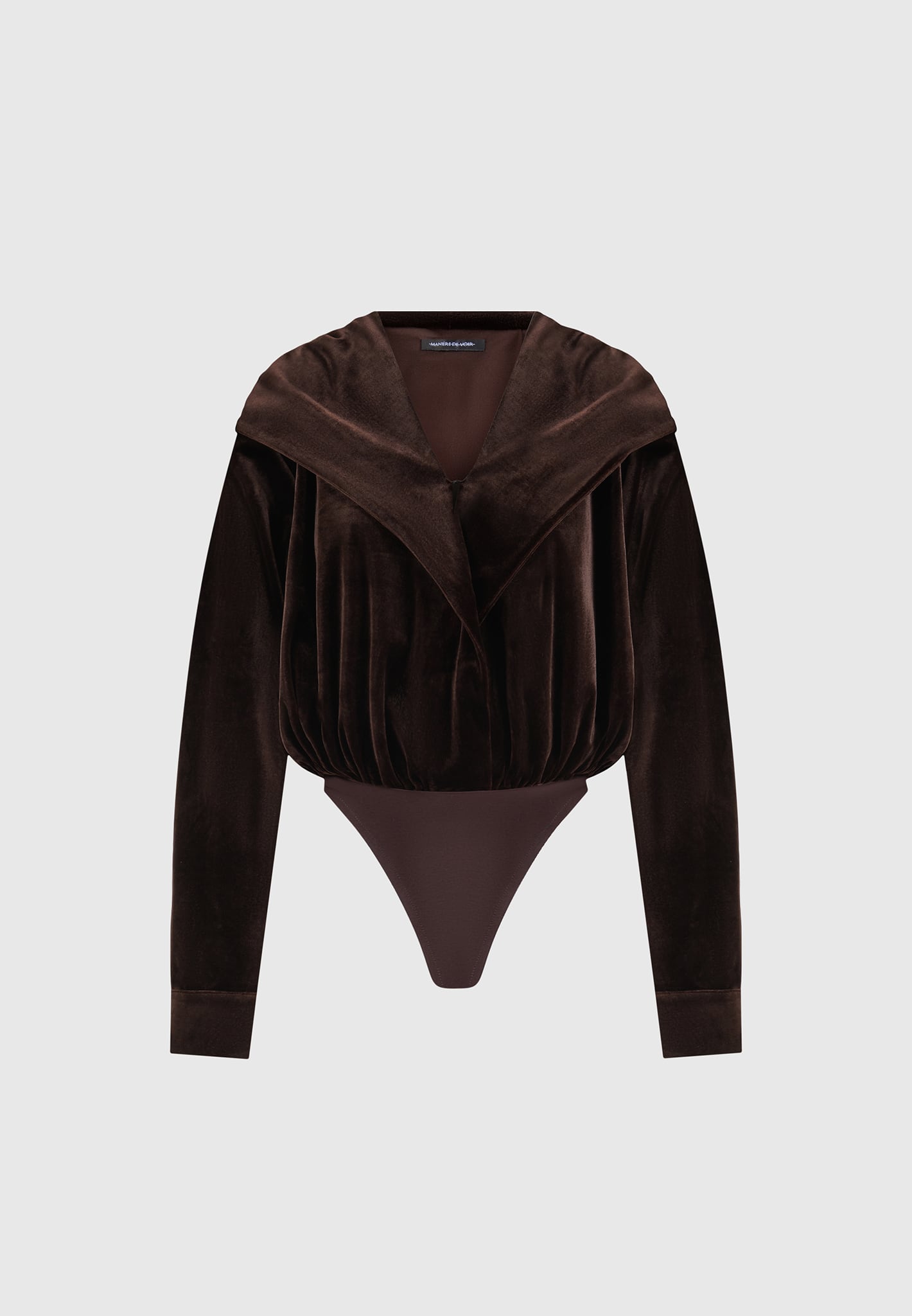 Luxury Velour Hooded Bodysuit with Plunge Neckline | Brown