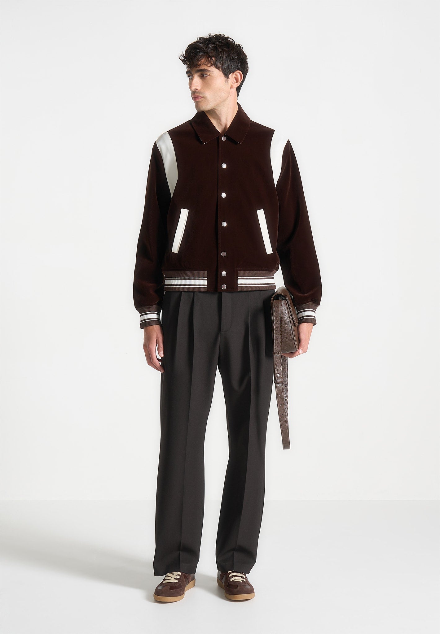 Brown Velvet & Satin Varsity Jacket | Retro Style with Satin Panels