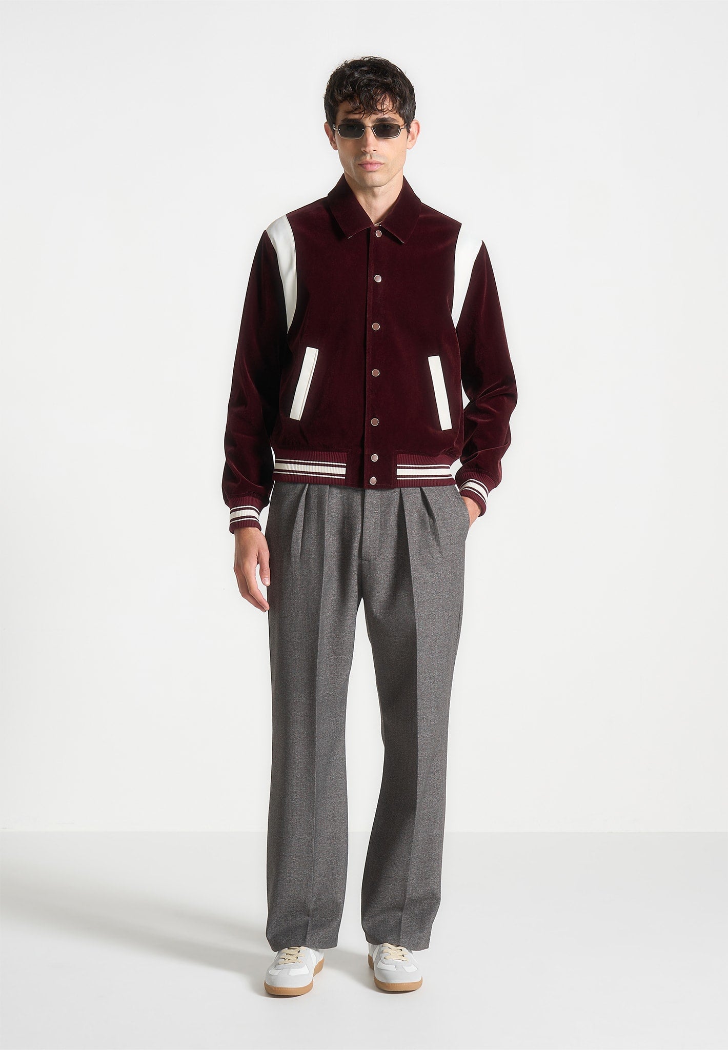 Velvet & Satin Varsity Jacket with Satin Panelling | Wine Red