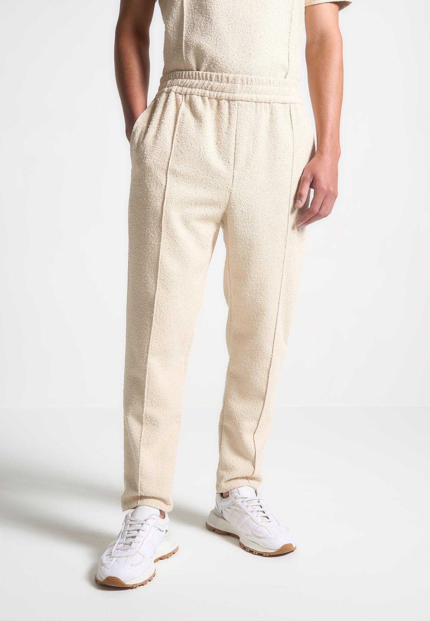 Boucle Pintuck Tapered Trousers with Elastic Waistband | Beige
