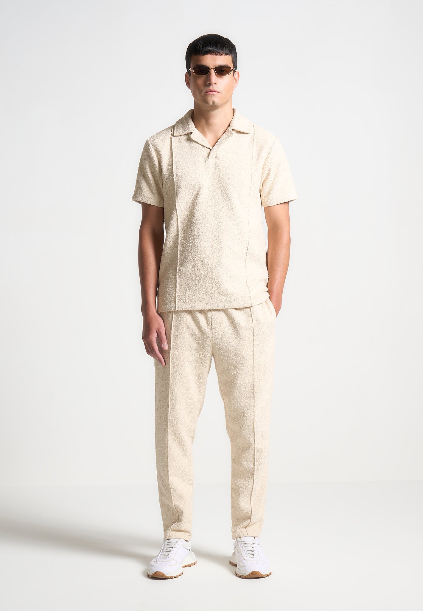 Boucle Pintuck Tapered Trousers with Elastic Waistband | Beige