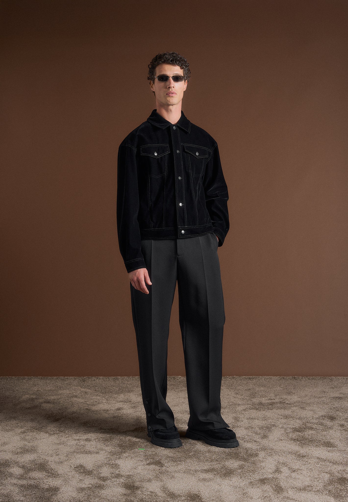 Black Velvet Trucker Jacket with Contrast Stitching | Manière De Voir