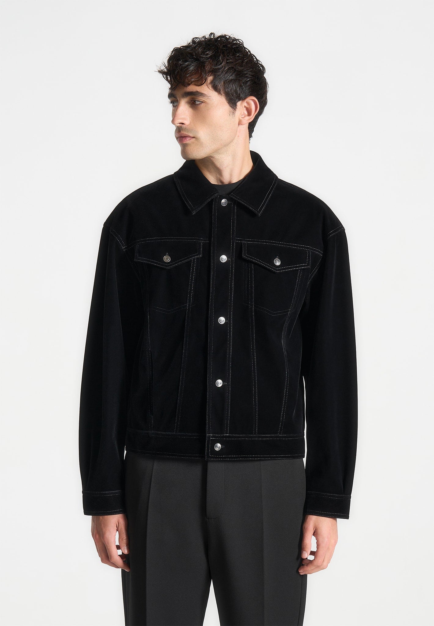 Black Velvet Trucker Jacket with Contrast Stitching | Manière De Voir