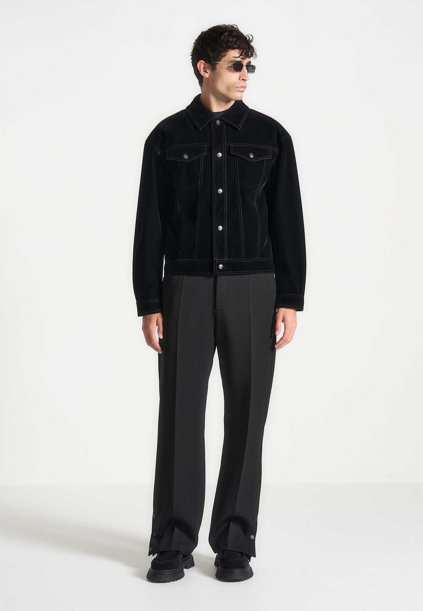 Black Velvet Trucker Jacket with Contrast Stitching | Manière De Voir