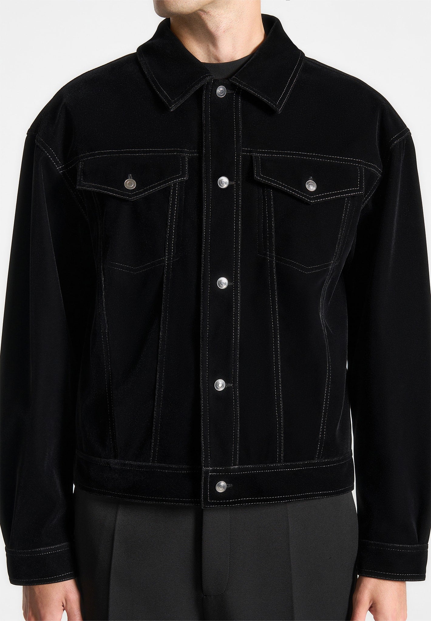 Black Velvet Trucker Jacket with Contrast Stitching | Manière De Voir
