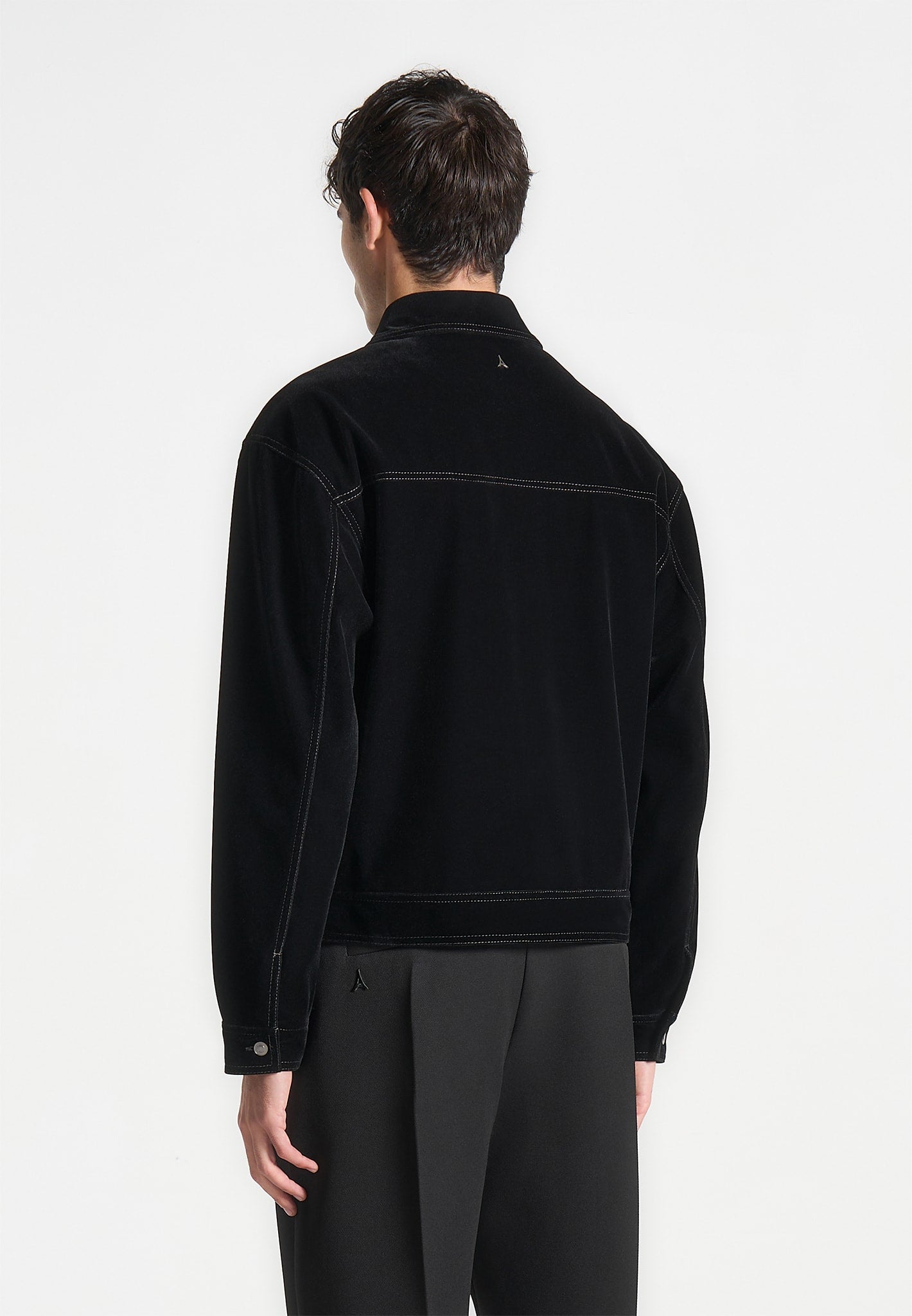 Black Velvet Trucker Jacket with Contrast Stitching | Manière De Voir