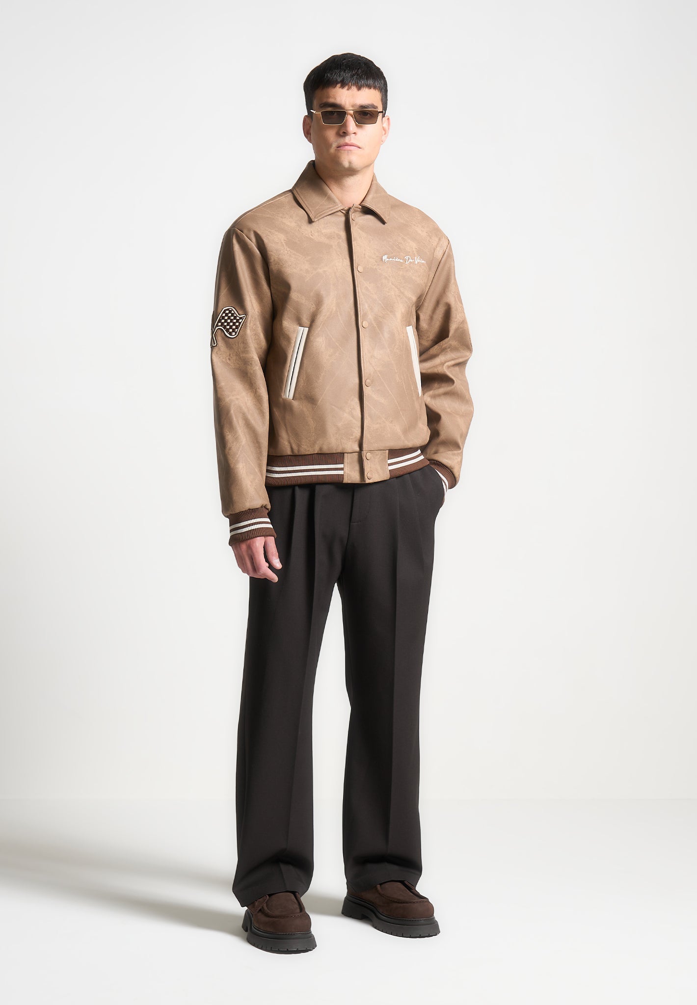 Vintage Brown Varsity Jacket with Vegan Leather & Striped Detailing | Manière De Voir