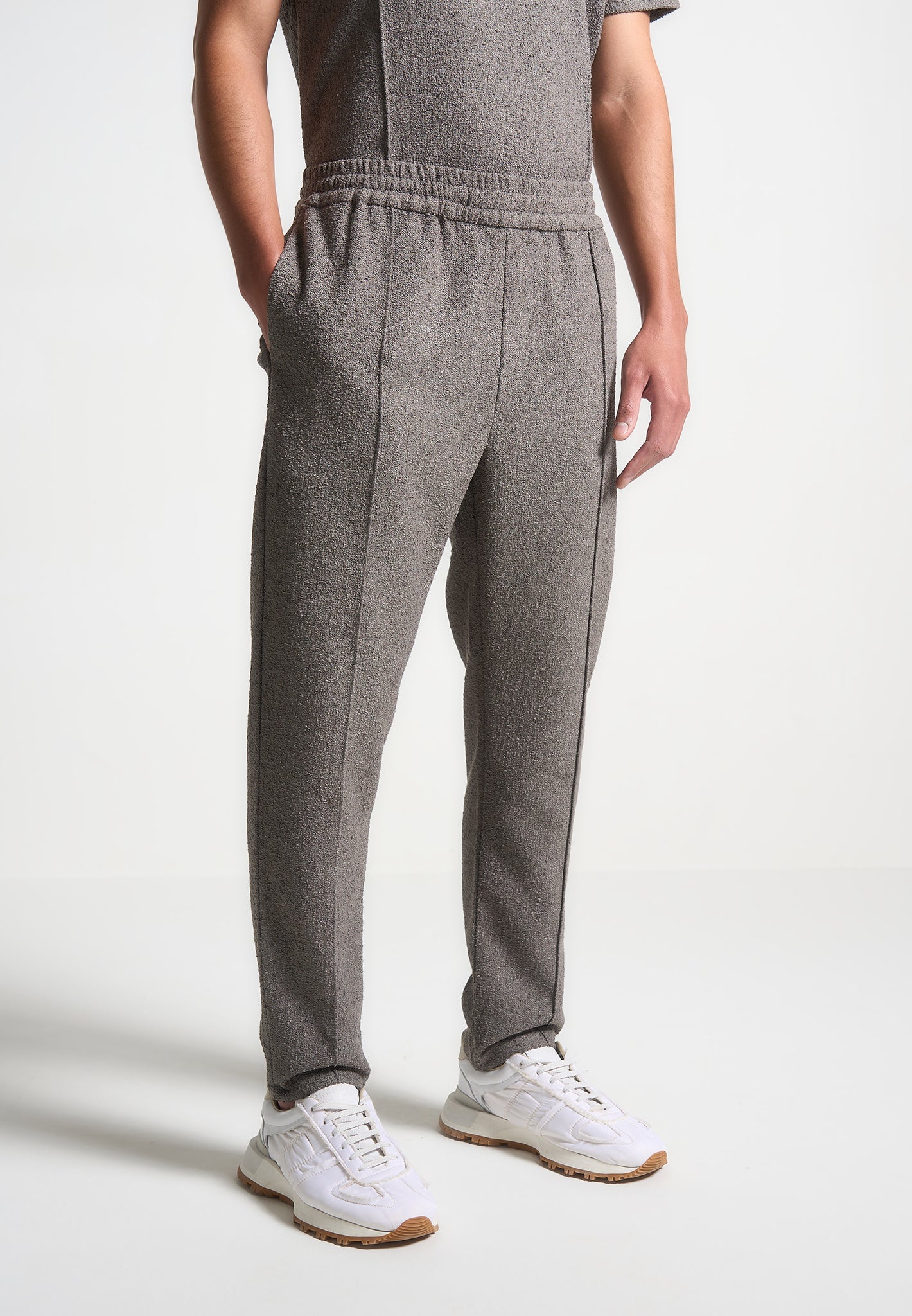 Boucle Pintuck Tapered Trousers with Elastic Waistband | Charcoal Grey