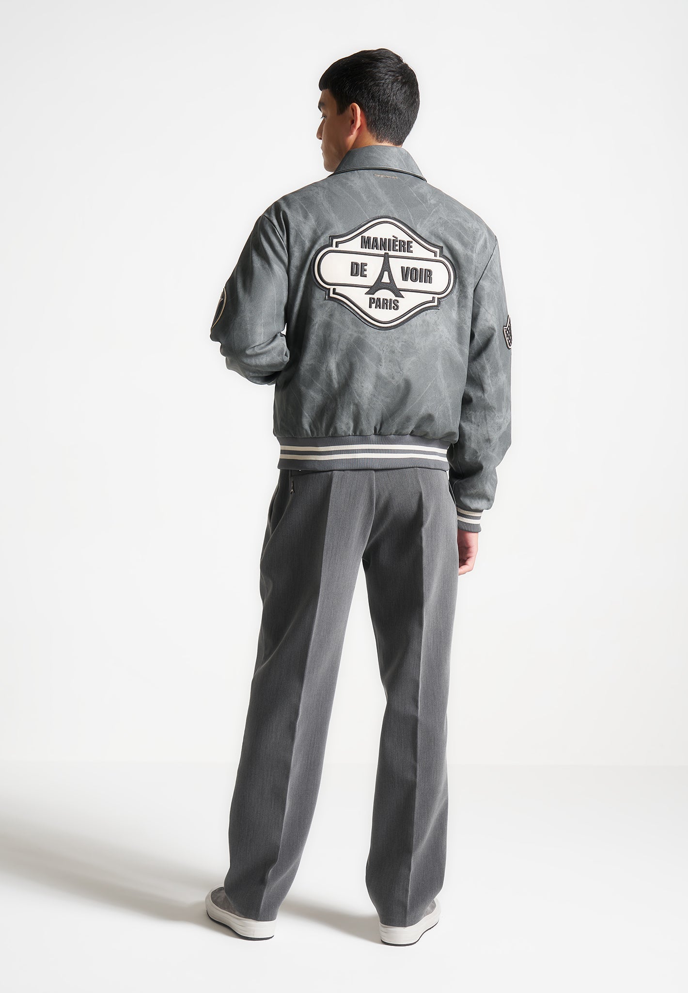 Vintage Grey Marble Varsity Jacket with Vegan Leather | Manière De Voir