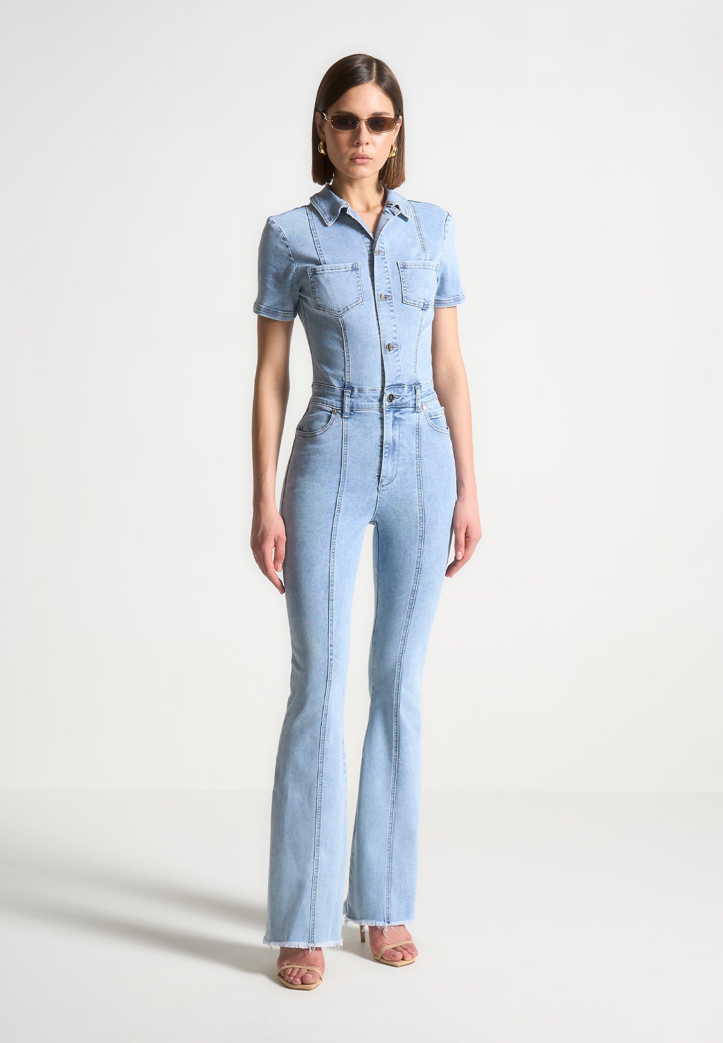 Mini Flared Denim Jumpsuit with Stretch Fit | Violette