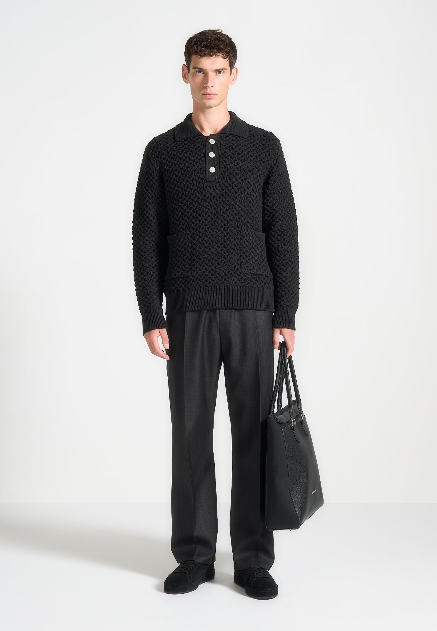 Waffle Knit Polo Jumper with Button Collar & Pockets | Manière De Voir