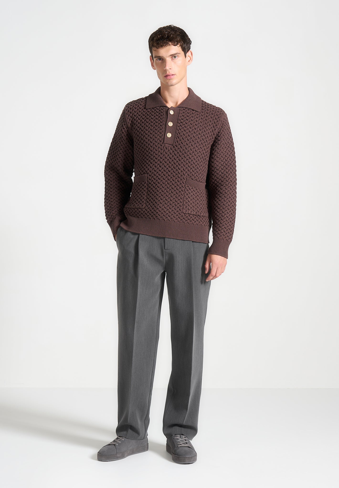 Waffle Knit Polo Jumper with Button Collar & Pockets | Manière De Voir