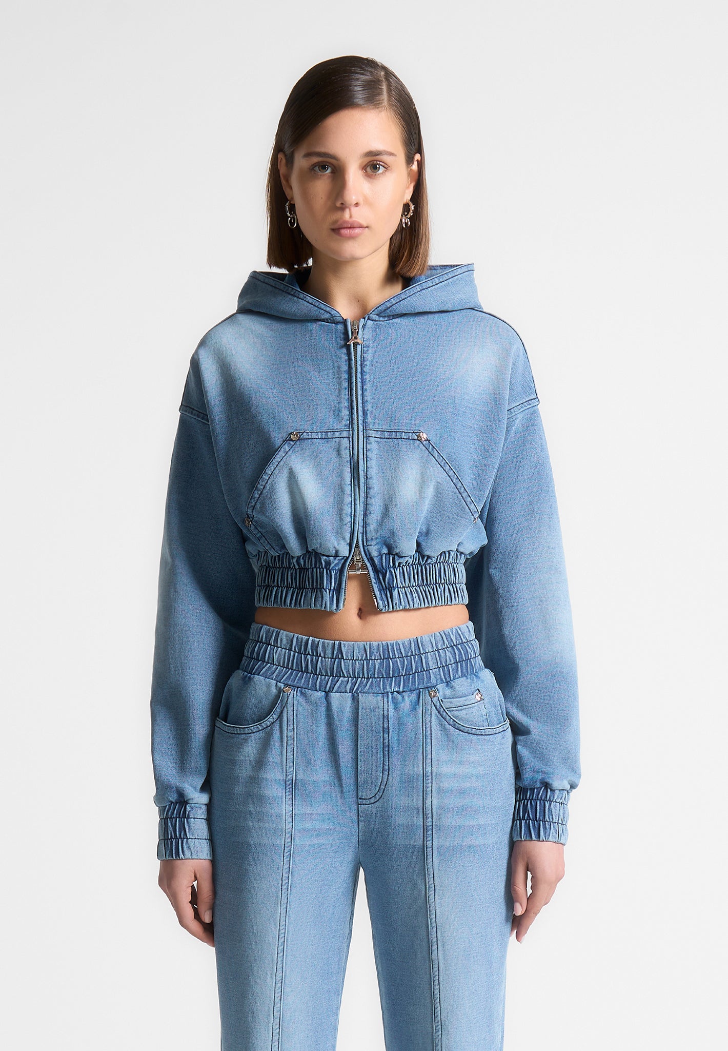 Washed Denim Jersey Hoodie with Thumb-Holes & Front Pockets | Manière De Voir