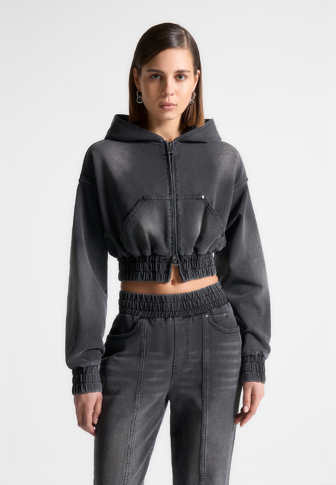 Washed Denim Hoodie with Thumb-Holes & Front Pockets | Manière De Voir