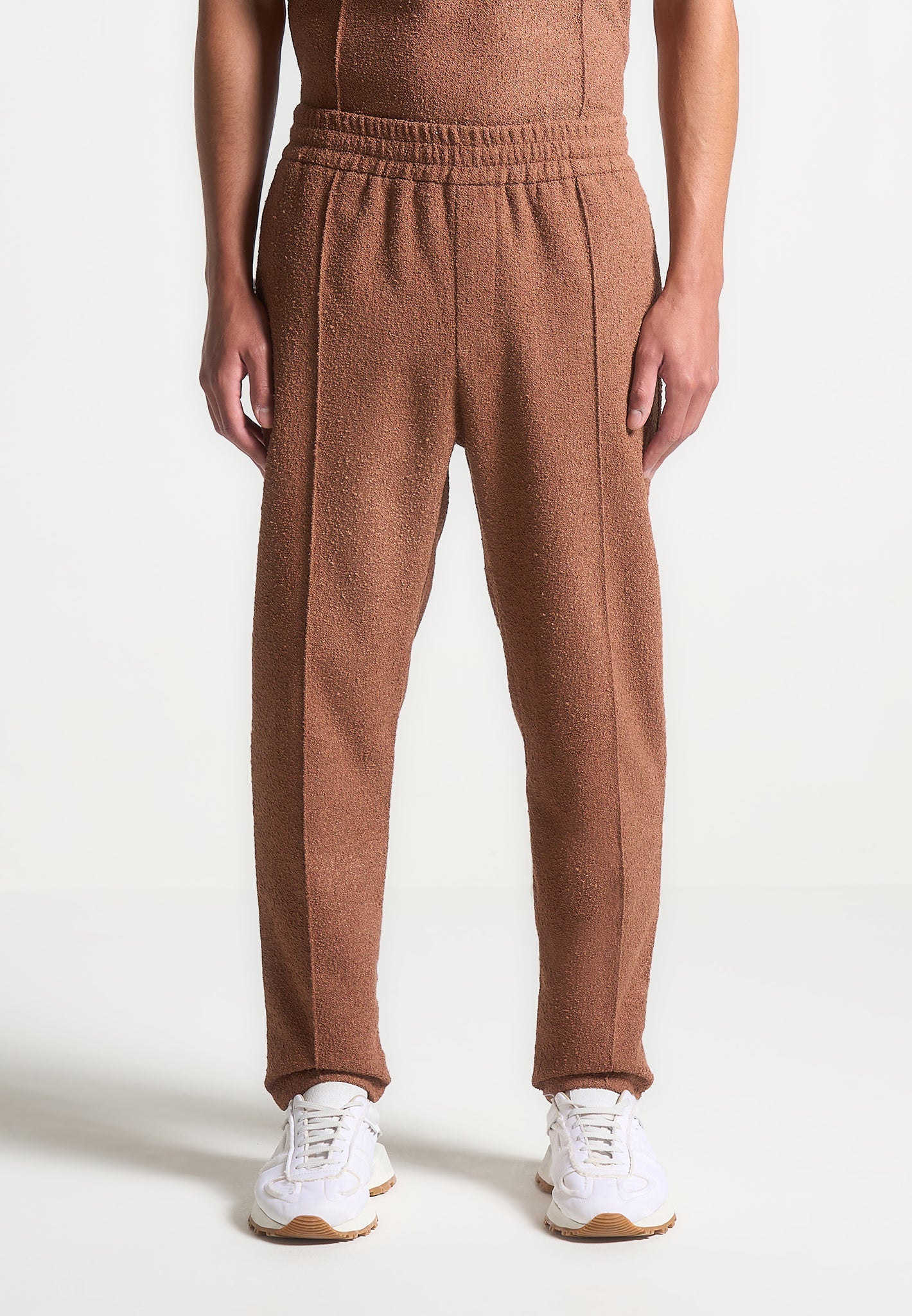 Boucle Pintuck Tapered Trousers with Elastic Waist | Fawn