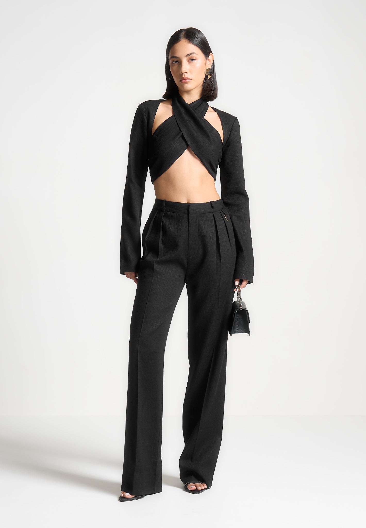 Linen Crossover Bolero Top with Sleeve Overlay | Wendy Black