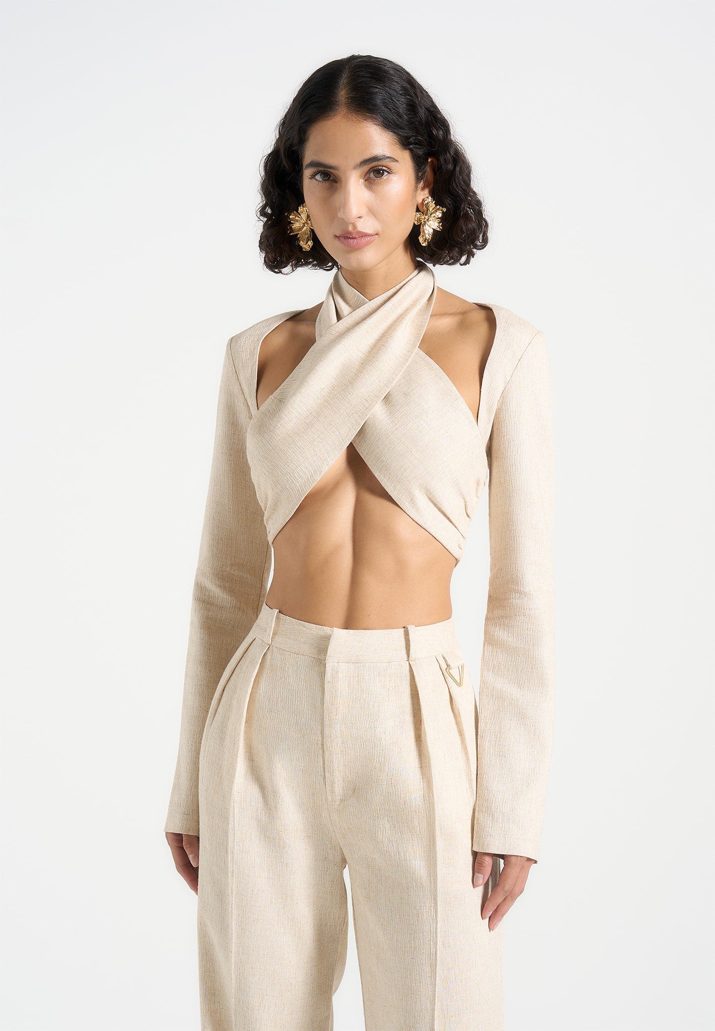 Linen Bolero Top with Crossover Neckline & Sleeve Overlay | Wendy