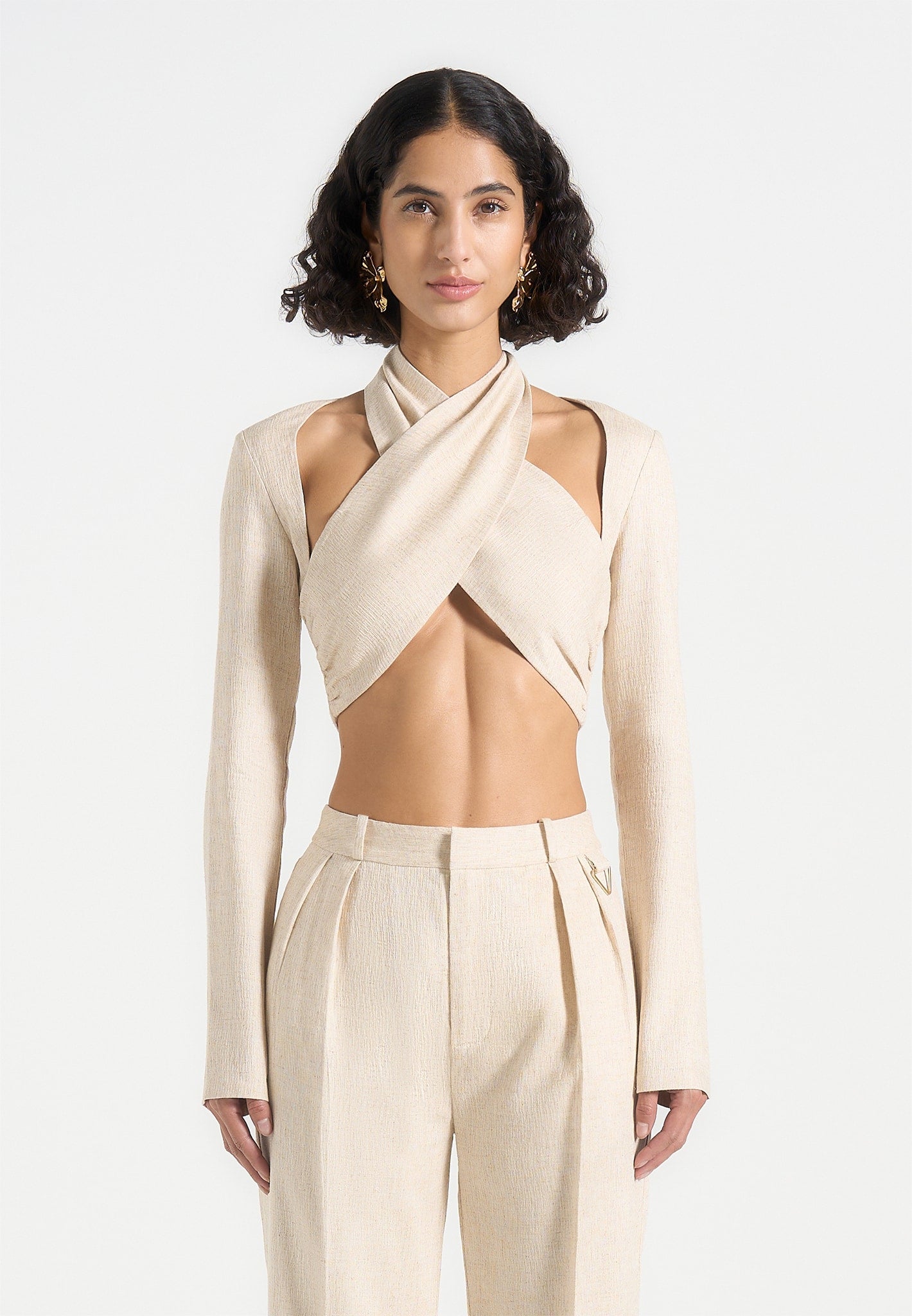 Linen Bolero Top with Crossover Neckline & Sleeve Overlay | Wendy
