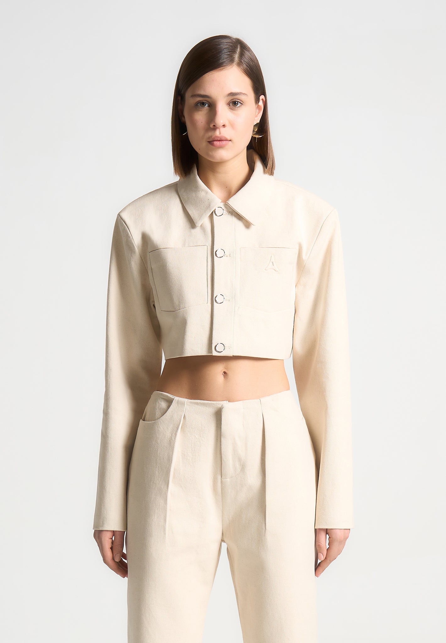 Speckled Denim Cropped Jacket with Shoulder Pads | Manière De Voir