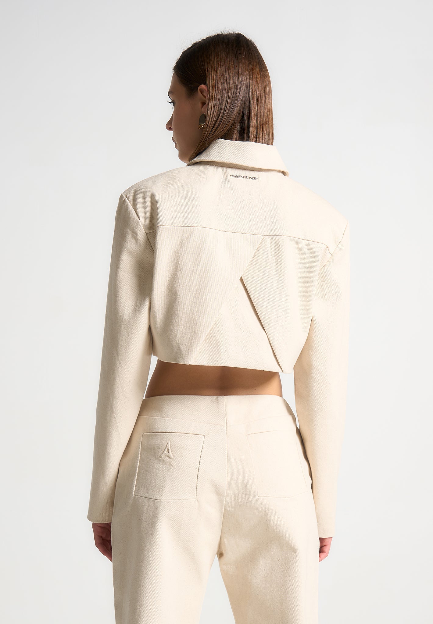 Speckled Denim Cropped Jacket with Shoulder Pads | Manière De Voir