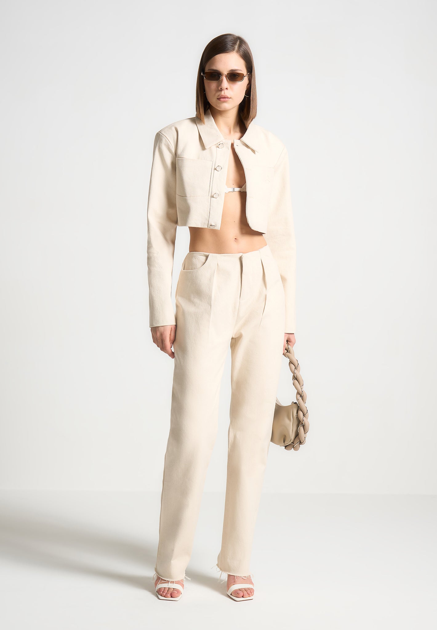Speckled Denim Cropped Jacket with Shoulder Pads | Manière De Voir