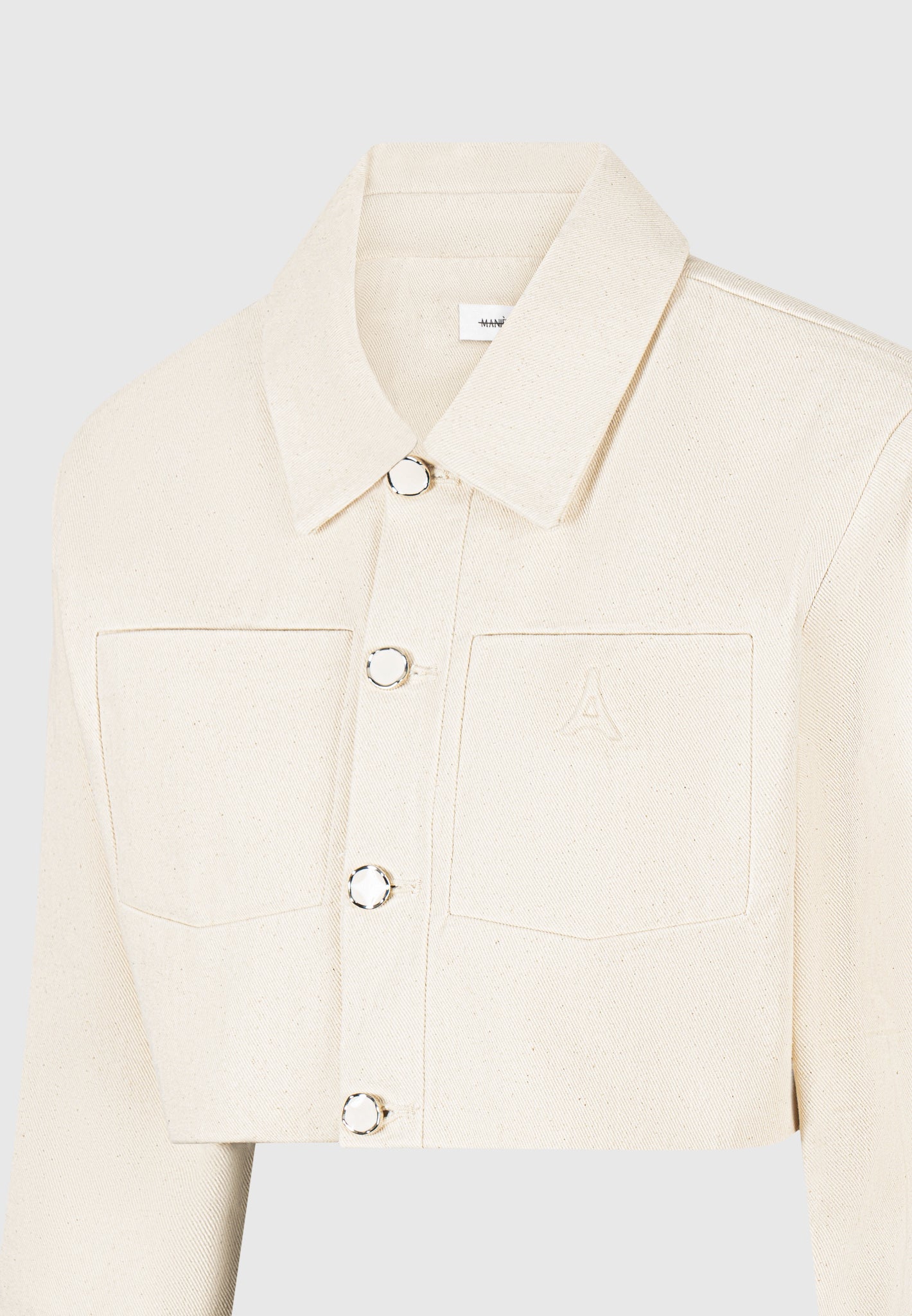 Speckled Denim Cropped Jacket with Shoulder Pads | Manière De Voir