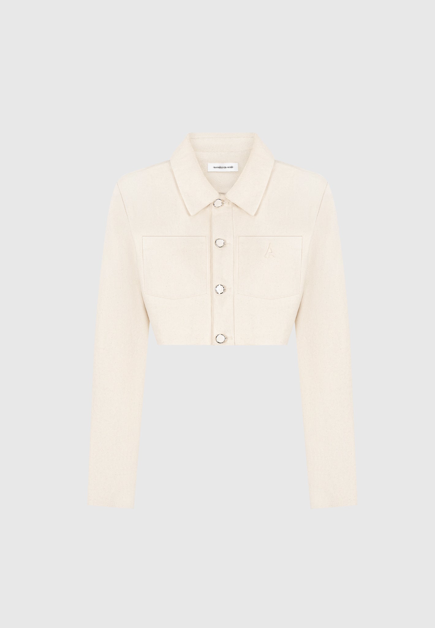 Speckled Denim Cropped Jacket with Shoulder Pads | Manière De Voir