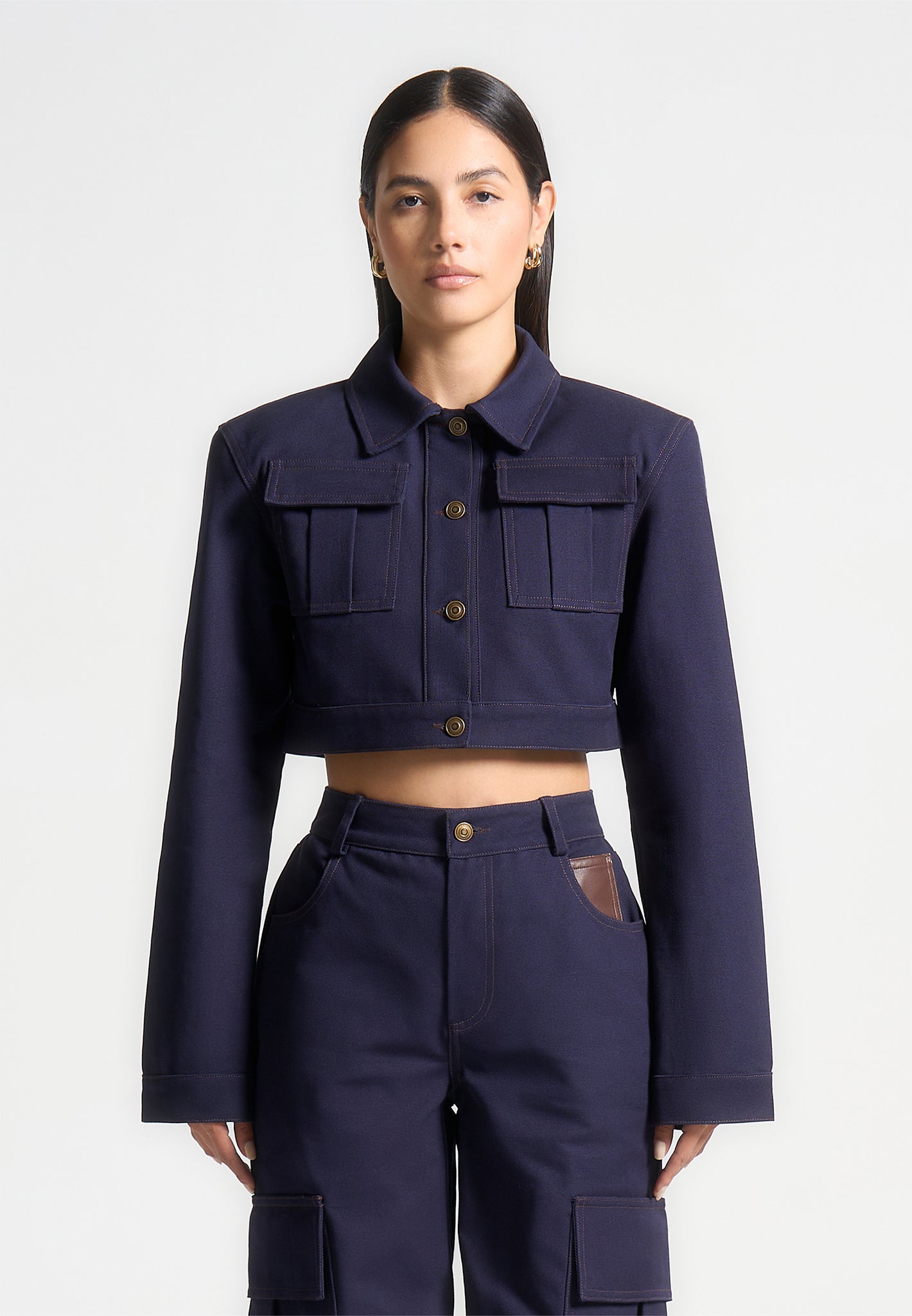 Indigo Cotton Drill Jacket with Shoulder Pads & Contrast Stitching | Manière De Voir