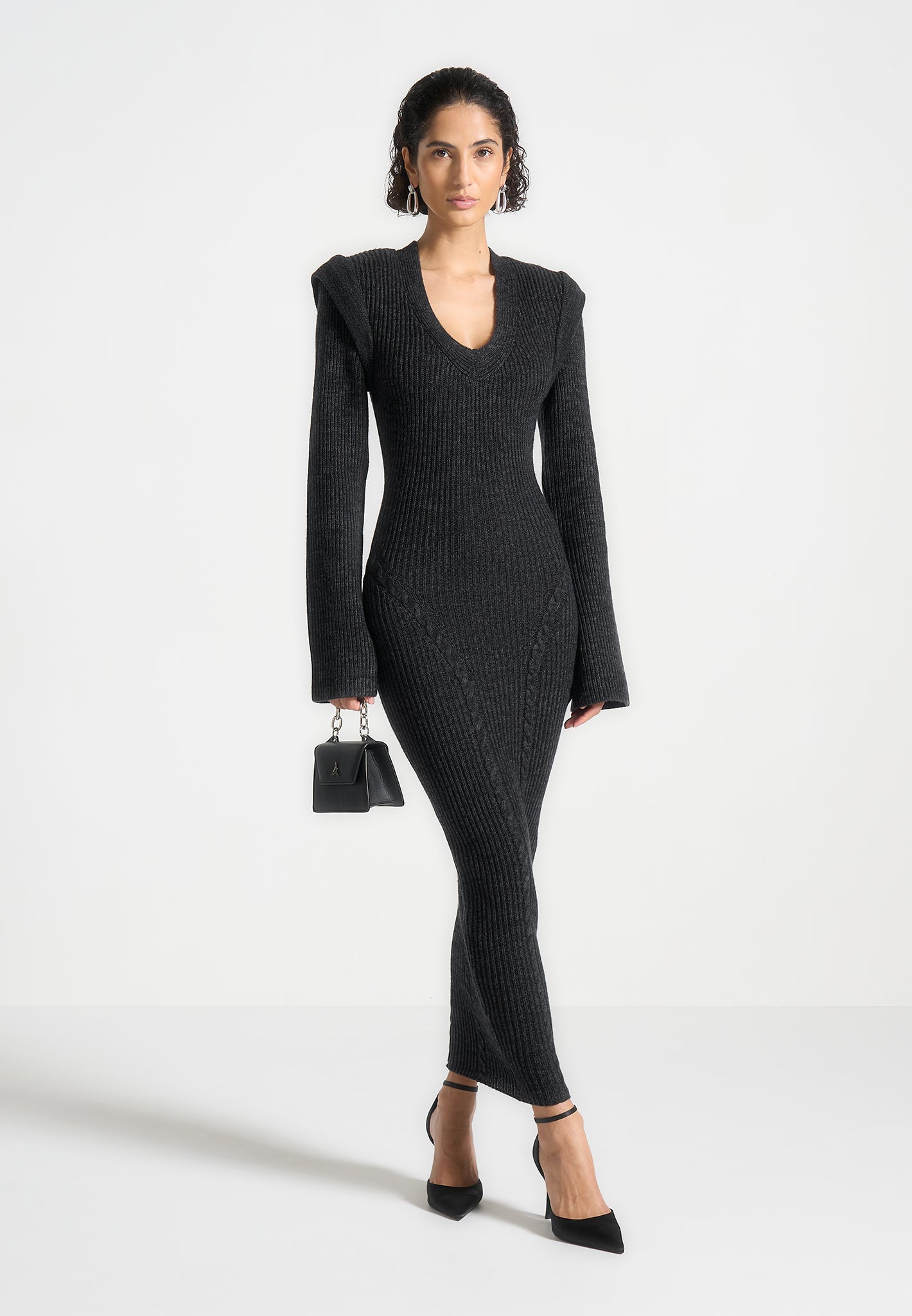Wide Shoulder Knitted Midaxi Dress - Long Sleeve & Figure Flattering