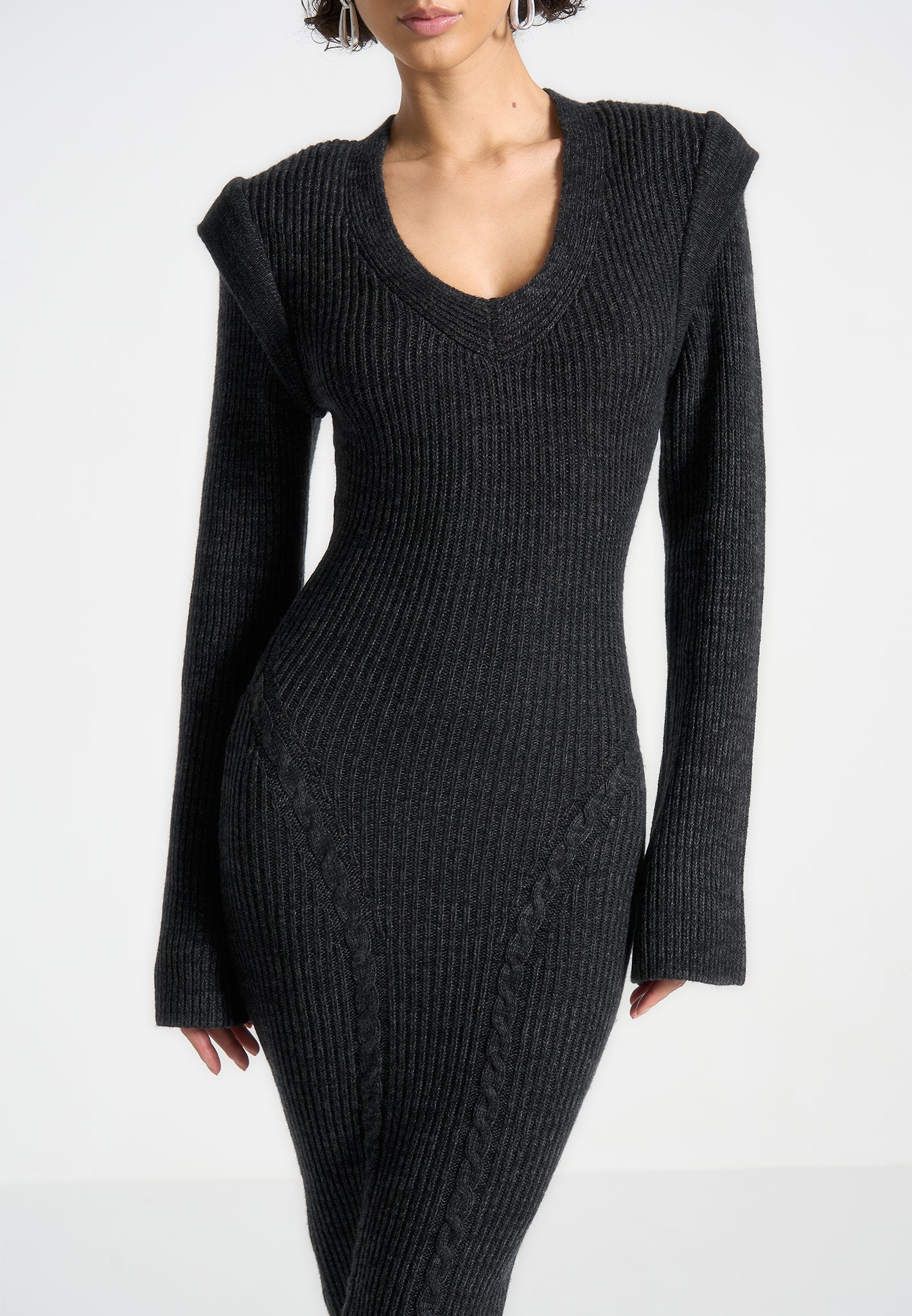Wide Shoulder Knitted Midaxi Dress - Long Sleeve & Figure Flattering