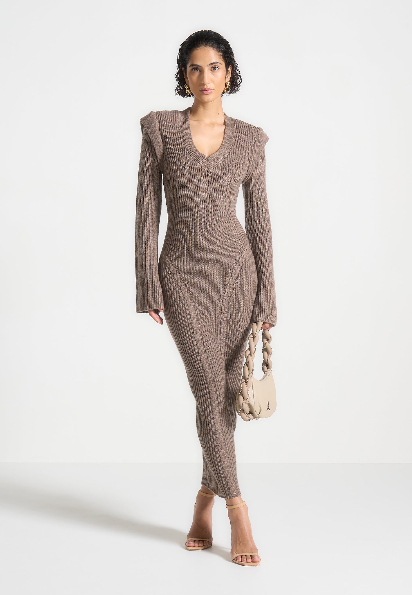 Wide Shoulder Knitted Midaxi Dress with Long Sleeves | Taupe