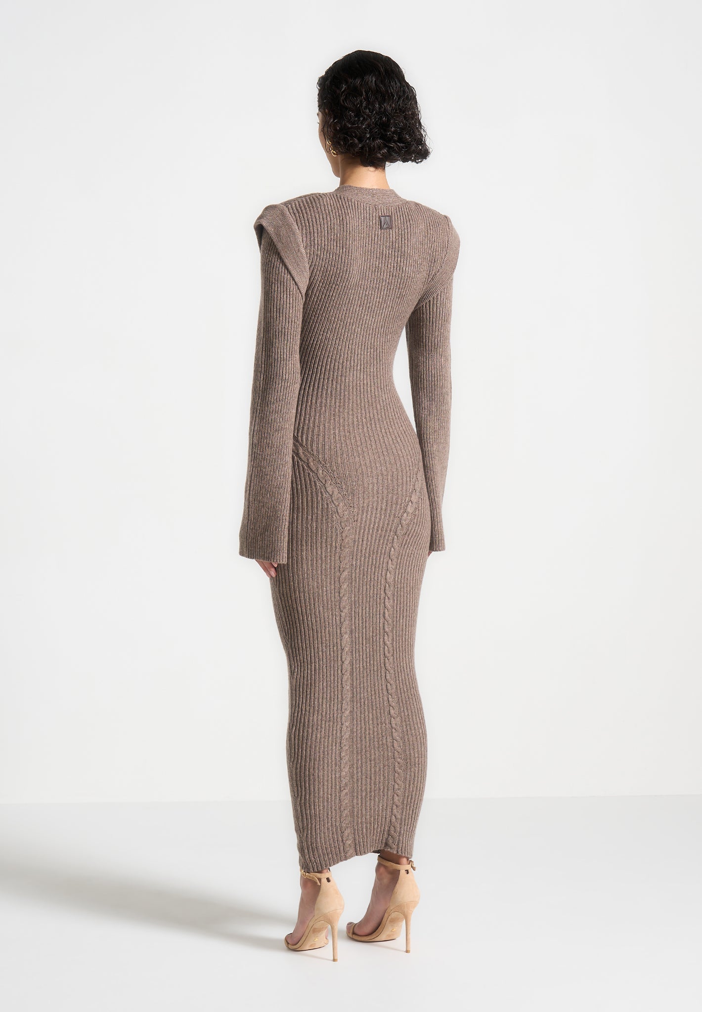 Wide Shoulder Knitted Midaxi Dress with Long Sleeves | Taupe