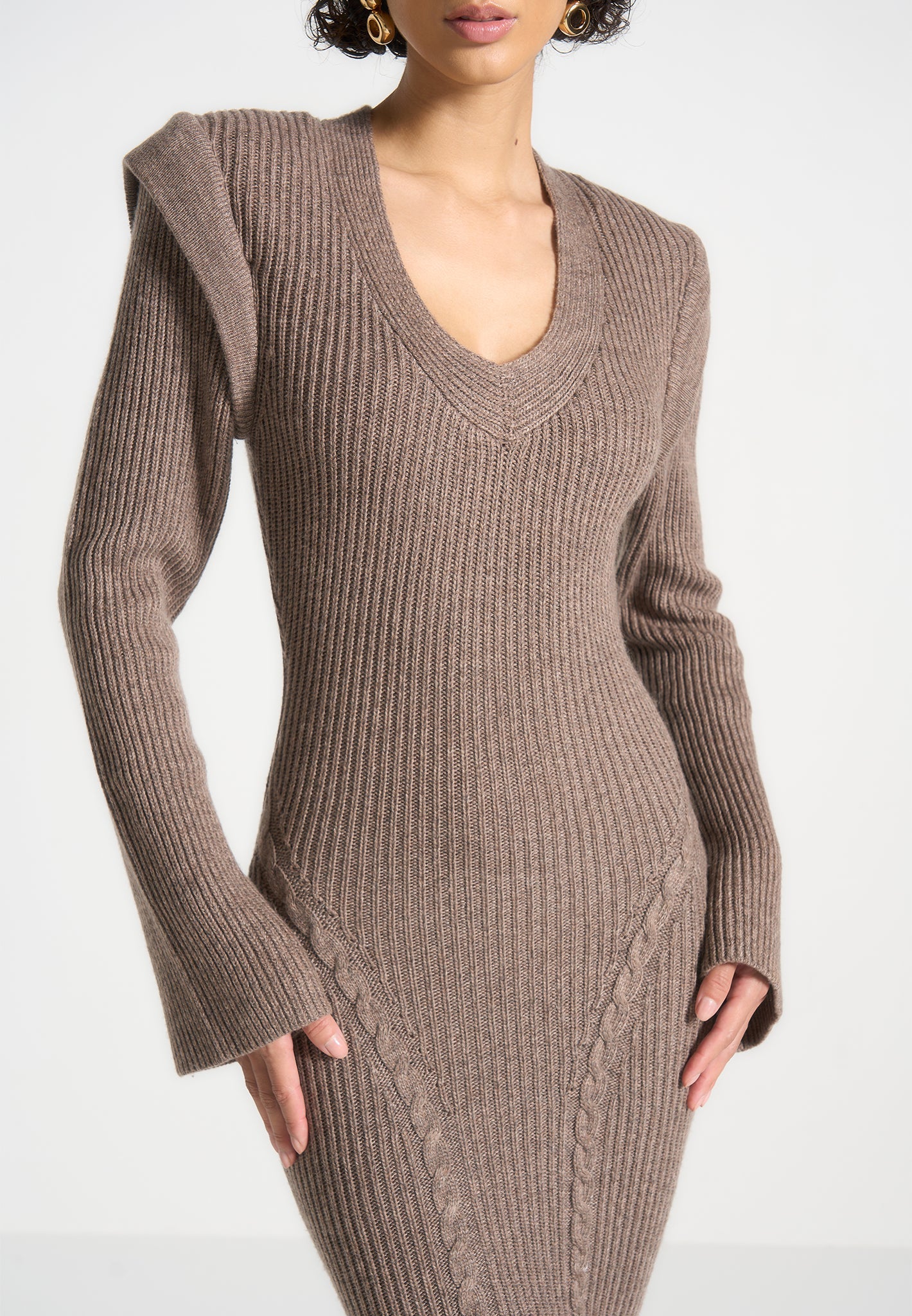 Wide Shoulder Knitted Midaxi Dress with Long Sleeves | Taupe