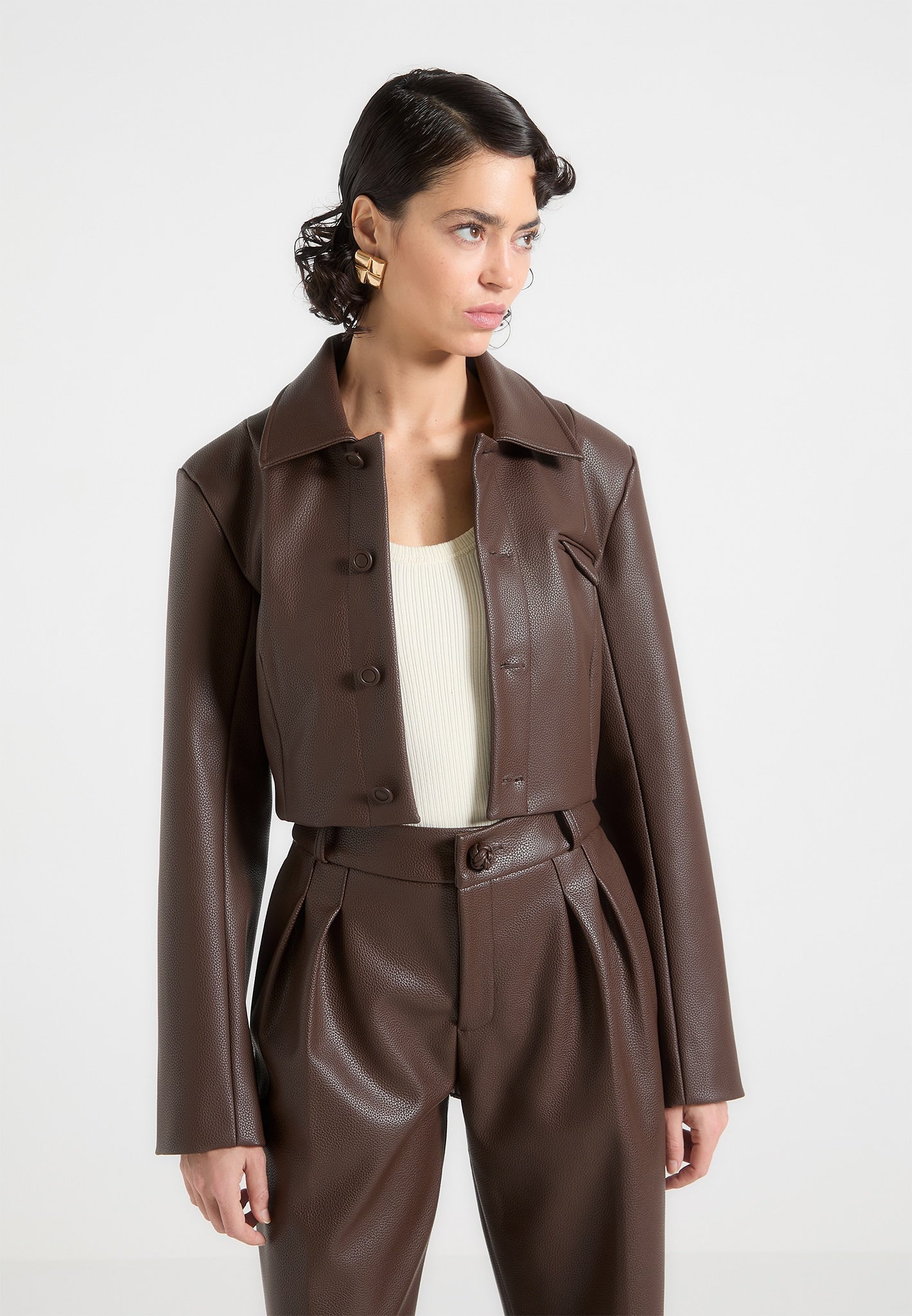 Vegan Leather Cropped Jacket with Contoured Detailing | Manière De Voir