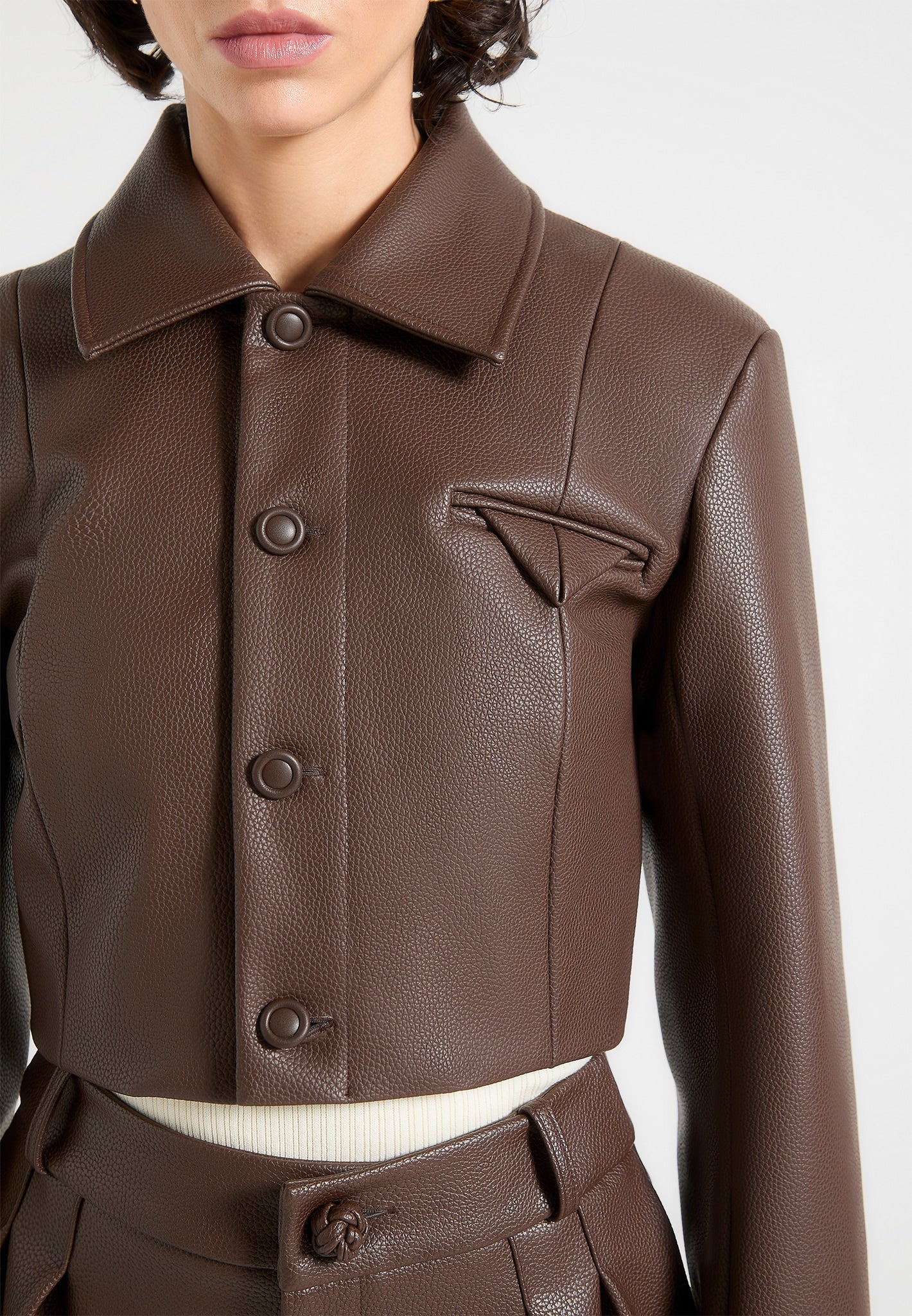 Vegan Leather Cropped Jacket with Contoured Detailing | Manière De Voir